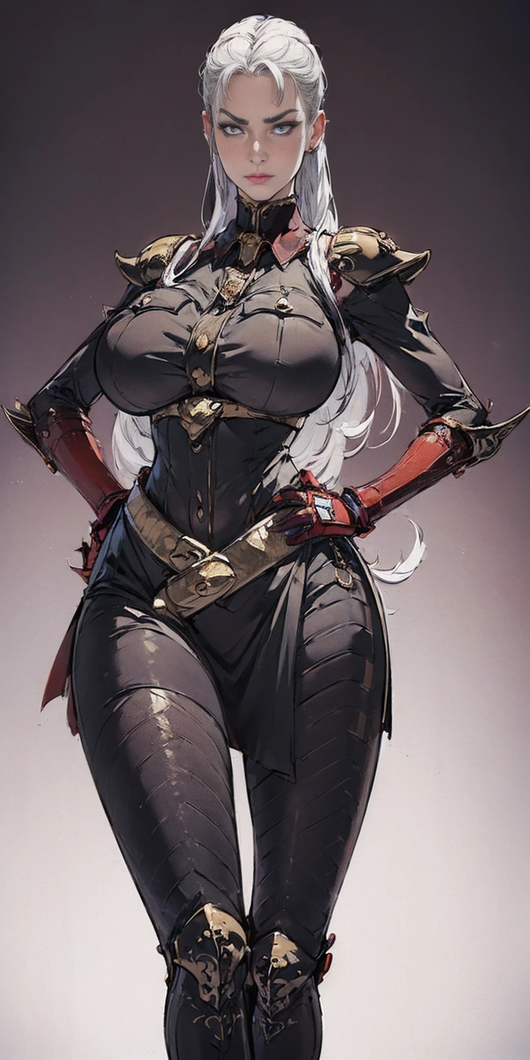 ((Plain background 1:2)) (Cammy White Street Fighter 6) Female full body standing straight symmetrical looking to the viewer RED full body armored (handcuffs, shackles, rerebrace, faulds, poleyn, gauntlets, leather collar choker) big belt under belly button, navel, belt over belly button, ((hands on hips)), loincloth, pinched eyes, (big-:1.5) thin legs, thin body, view from below, wide hips