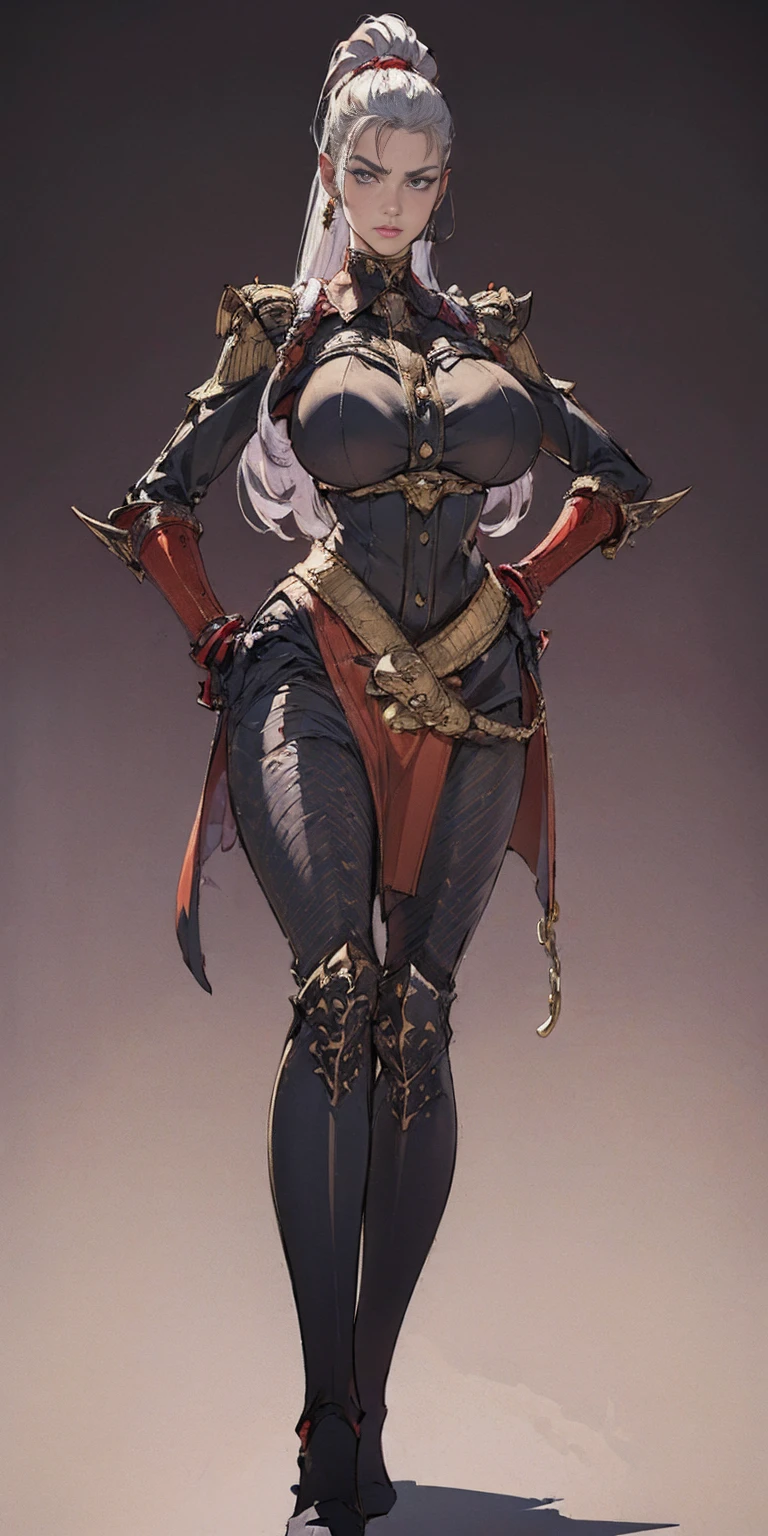 ((Plain background 1:2)) (Cammy White Street Fighter 6) Female full body standing straight symmetrical looking to the viewer RED full body armored (handcuffs, shackles, rerebrace, faulds, poleyn, gauntlets, leather collar choker) big belt under belly button, navel, belt over belly button, ((hands on hips)), loincloth, pinched eyes, (big-:1.5) thin legs, thin body, view from below, wide hips