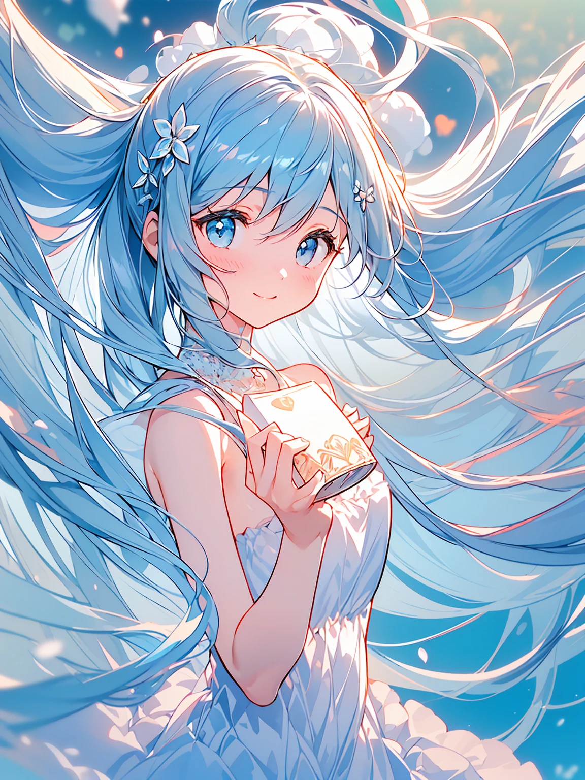 masterpiece, best quality, extremely detailed, (illustration, official art:1.1), 1 girl ,(((( light blue long hair)))), ,(((( light blue long hair)))),light blue hair, ,10 years old, long hair ((blush)) , cute face, big eyes, masterpiece, best quality,(((((a very delicate and beautiful girl))))),Amazing,beautiful detailed eyes,blunt bangs((((little delicate girl)))),tareme(true beautiful:1.2), sense of depth,dynamic angle,,,, affectionate smile, (true beautiful:1.2),,(tiny 1girl model:1.2),)(flat chest), (((masterpiece))), (((best quality))), (((ultra detailed))), sunset, Girl drinking cocoa in mug, steam rising from mug, background is room with warm atmosphere, happy, cutecore, anime deformation style cute illustration ,