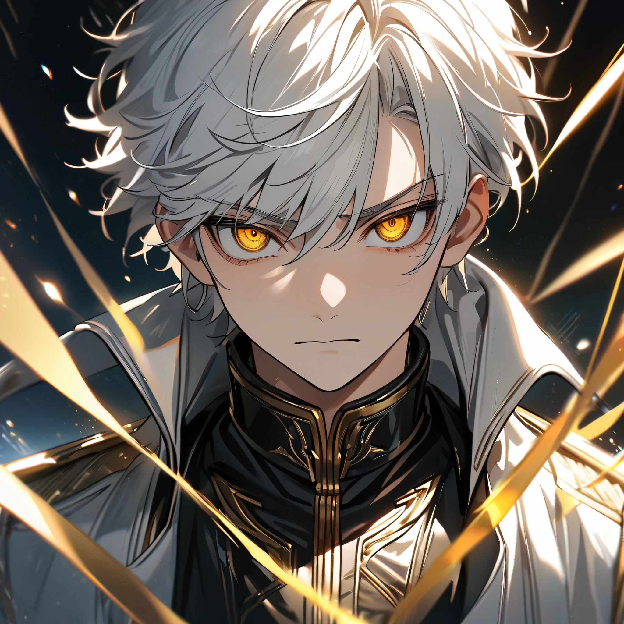 High quality, HD, 4k, handsome male, 1male, , teenager, go lining, short white hair, sharp eyes, gold eyes, devil may cry, close up, calm expression, stoic expression, black leather clothes, white leather clothing, upper body, looking at viewer, cowboy shot, white solar, shining background
