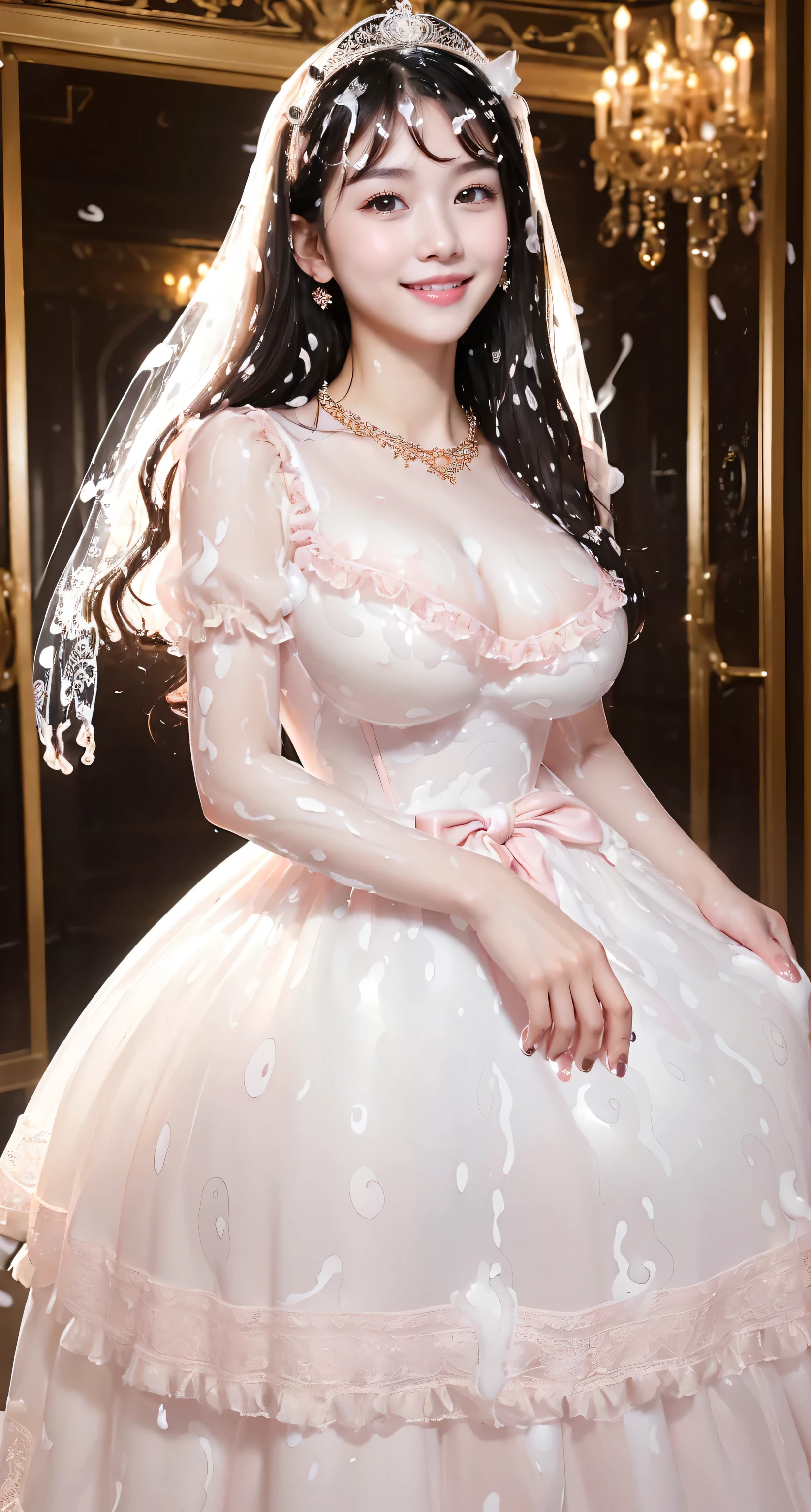 Ulzzang-6500-v1.1,  (RAW Photos:1.2), (Photorealistic), (Pieces fly), (Genuine:1.4), 、１With a girl、1 cute princess、(alone:1.1)、(1 photo:1.1)、(Girly and cute luxury light pink lolita princess dress:1.2)、(Cute big ribbon on the chest:1.1)、(The most extravagant and luxurious giant princess tiara:1.1)、(Huge Jewelry:1.1)、(The most luxurious and finest giant princess jewelry necklace:1.1)、(A top-notch Lolita princess dress with intricate jewelry details:1.2)、(Very intricate and detailed lace decoration:1.1)、(A very intricate and elaborately decorated dress:1.1)、(The most extravagant Lolita princess dress with cute frills and ribbons:1.1)、(The most gorgeous Lolita princess dress with lovely lace decoration:1.1)、(Cute girly lolita wavy hair:1.1)、(short:1.1)、(height: 148cm:1.1)、(Very large face and larger breasts:1.85)、Lots of cute frills、Accentuate your body lines、Slender body、Standing Elegantly、(Beautiful and luxurious palace entrance background:1.2)、(very bright and vivid:1.1)、(Bright and shiny dress:1.2)、Standing Elegantly Girl、Accurate anatomy、Perfect Makeup、Long eyelashes、Glossy lips、Ultra HD glossy skin、(Ultra-high resolution, bright and beautiful skin:1.3)、Ultra-high definition glossy lips、Ultra-high resolution beautiful teeth、Ultra HD beautiful light brown hair、(Body facing forward:1.1)、(Front view:1.1)、Erotic gaze, (Very sexually excited face:1.45)、 ((Very realistic full body shot covered in lots of semen:1.86))、((A room reserved for masturbation))、Sitting on the bed, legs wide open, seducing erotically、((Very realistic huge amount of semen stained girly and cute luxury light pink lolita princess dress:1.75)), Ultra-realistic skin texture、Shiny skin