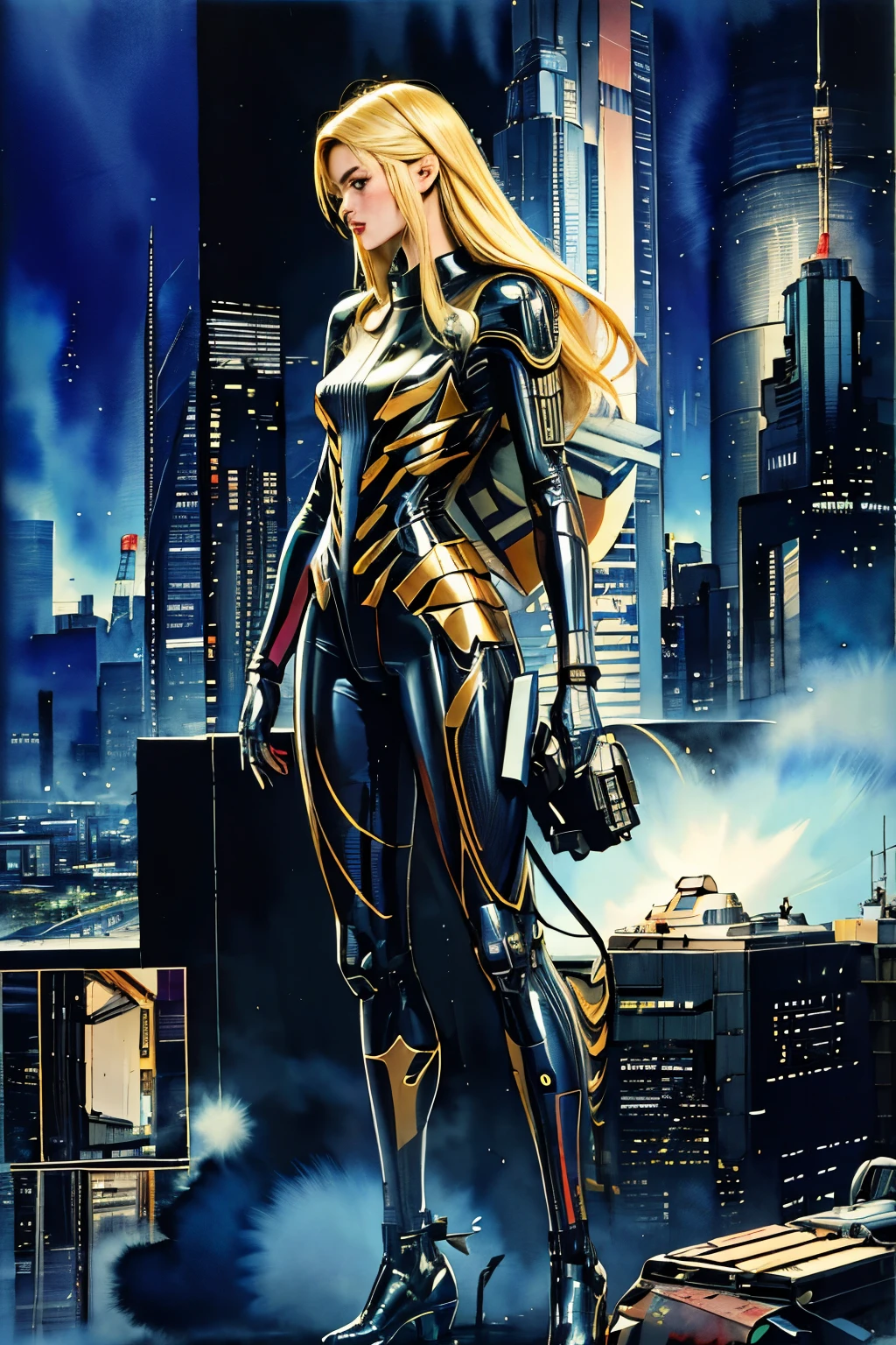 Best Quality, masutepiece, Comic style, 4K, cartoon, Highly detailed, Long blonde woman, cybersuit, Cyberpunk City, Solo, Future, Urban area, (( Watercolor painting )), SPEEDLINE, Concentration line, Science Fiction Manga