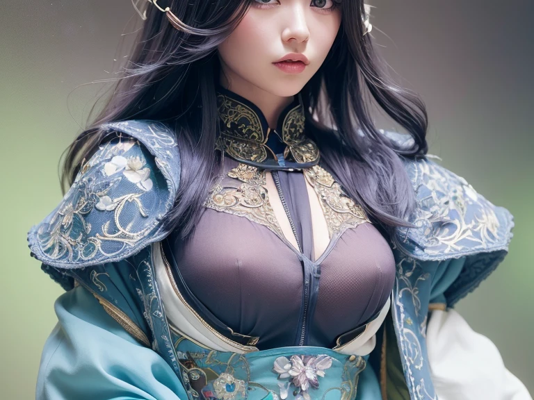 ((best quality)), ((masterpiece)), (detailed), Perfect face,Hanfu beauty, Thin purple silk shirt,White,Various textures, White蕾丝上衣, Platinum purple long ponytail, Hair accessories, earrings, Necklaces and necklaces, Carefully drawn large purple eyes, Detailed makeup, Thin eyebrows, high nose, Lovely red lips, No smile, purse lips, blush, broad mind, Large Breasts , Well-proportioned breasts, Slim waist, Purple fishnet socks, Chinese Hanfu style, Fictional art texture, Bright colors、Lifelike, original photo, Realistic photos, Ultra-high quality 8K hyper-realistic photos, (Effective fantasy lighting effects: 1.8), 10x pixel, Magic Effects (background): 1.8), super detailed eyes, Girl full body portrait, Solo Girl