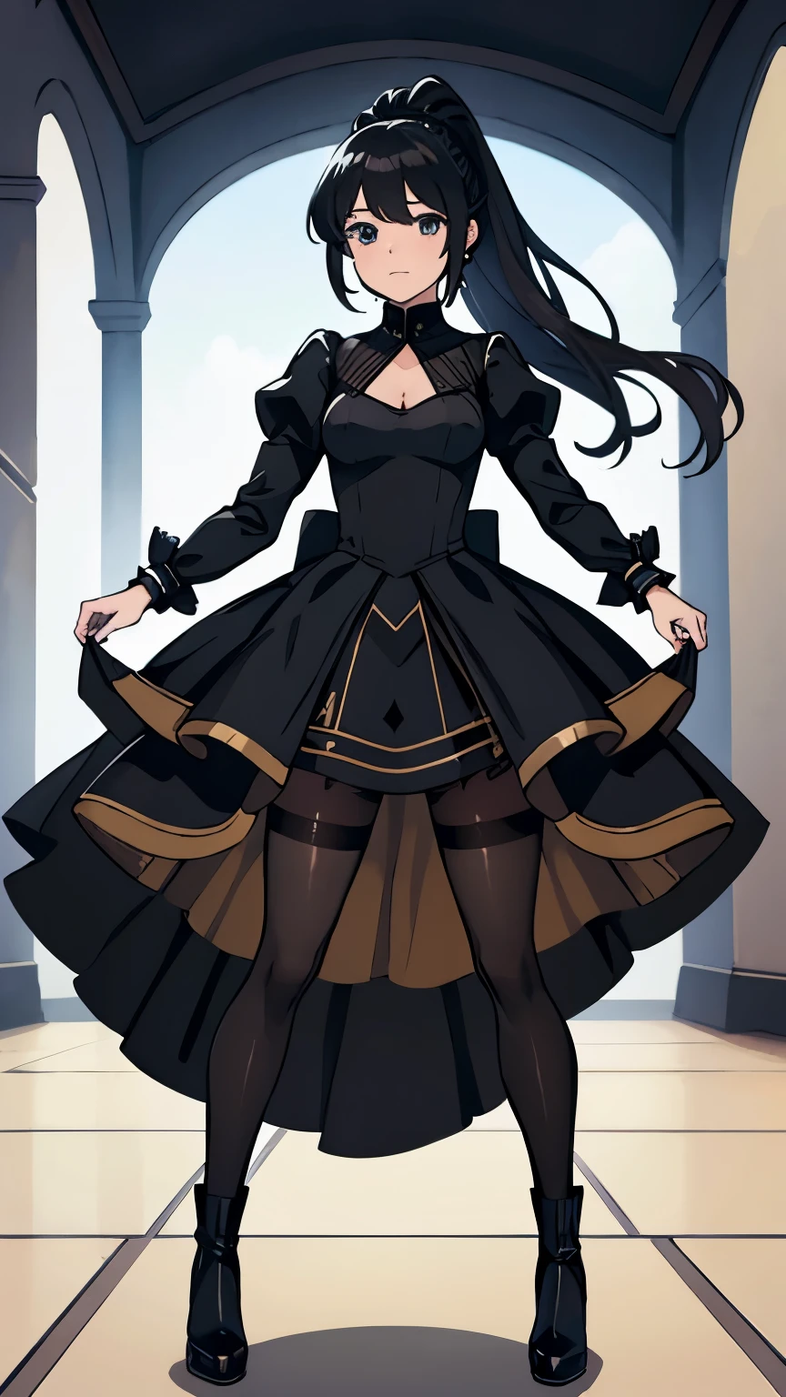 pantyhose,Princess,foot,Black Dress,Black Hair,ponytail,boots,Castle,Ultra HD,masterpiece,super high quality,Ultra-high resolution,Highest quality,Advanced,highest quality,Highest Resolution,high quality,beautiful,beautiful,High quality,Realな質感,Real,8K,Detailed,full body