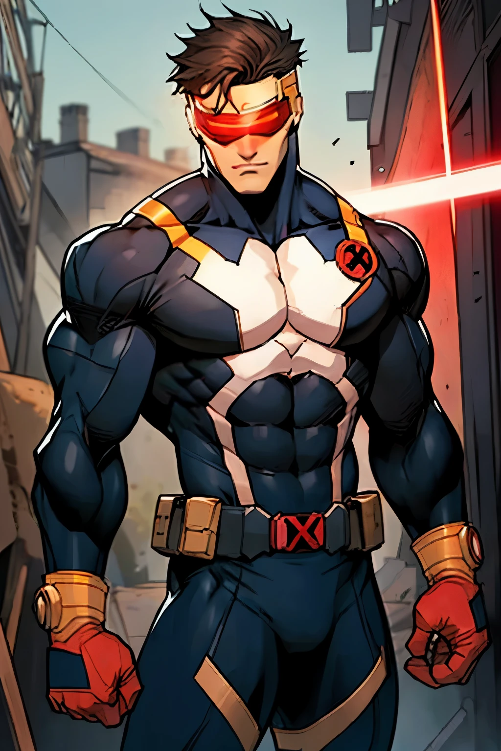 male, (black underwear:1), black bodysuit, Cyclops, x-men, touching his red visor, laser visor, (masterpierce:1.2), super heroes, standing, mansion, upper body shot