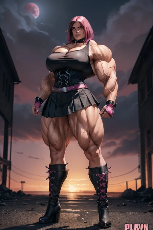 (((Massive, tall, beautiful, buff, light brown skinned muscular woman with shocking pink hair, black lipstick, massively bulky muscles, wearing a black gothic uniform with pleated gothic skirt))), (close view), massive muscle, massive biceps, hyper muscle shoulders, ginormous muscle arms, hyper muscle triceps, (angled bob cut), red eyes, spiked choker, chain belt, black spiked boots, spiked gauntlets, fingerless gloves, (standing in a dark gothic schoolyard), evil smirk, night, red moon, red skies, hyper vascular arm, hyper muscles arms, hyper muscle legs, ginormous arms, close view