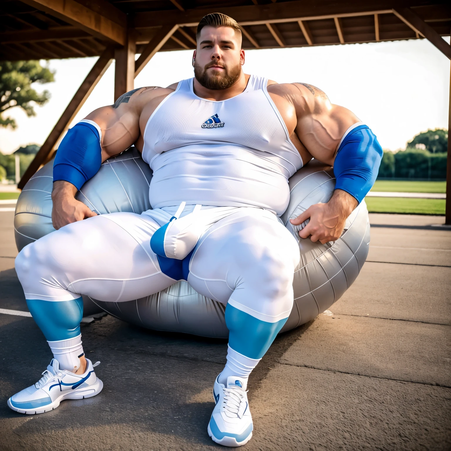 incredibly huge over-muscular excessively massively bodybuilded white blond guy with undercut haircut, white lycra shorts, white socks, white fashion chunky sneakers, so incredibly heavyly massive gigantic round over-inflated bulge large as 4 times bigger than his head, and over-inflated pecs are four times bigger than his head, he desperatley can't get up from the ground where he is sprawled once fallen, attracted to the ground by his monstruous pecs volume and porky bulge mass