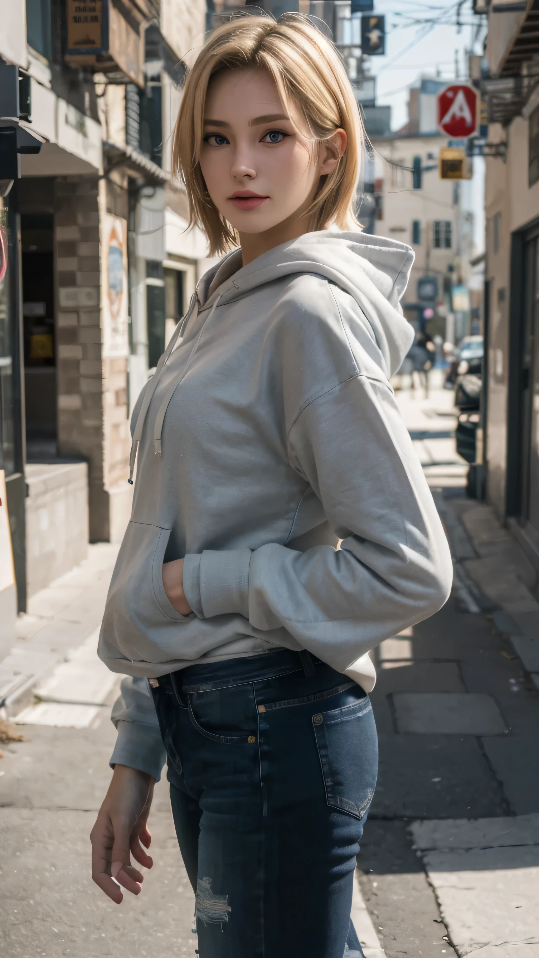 best quality,masterpiece,8k wallpaper,absurdres, highres, ultra detailed, (1 young beautiful girl, solo:1.1),blonde hair,blue eyes,short hair,realistic, Hoodie, jeans, Alley