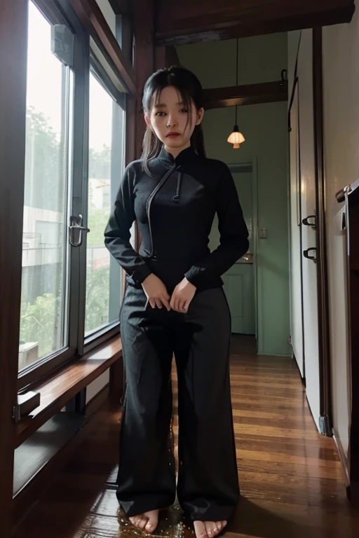 Vietnamese Girl sees the ghost and pees her black ao dai pants until her pants are wet in fright.