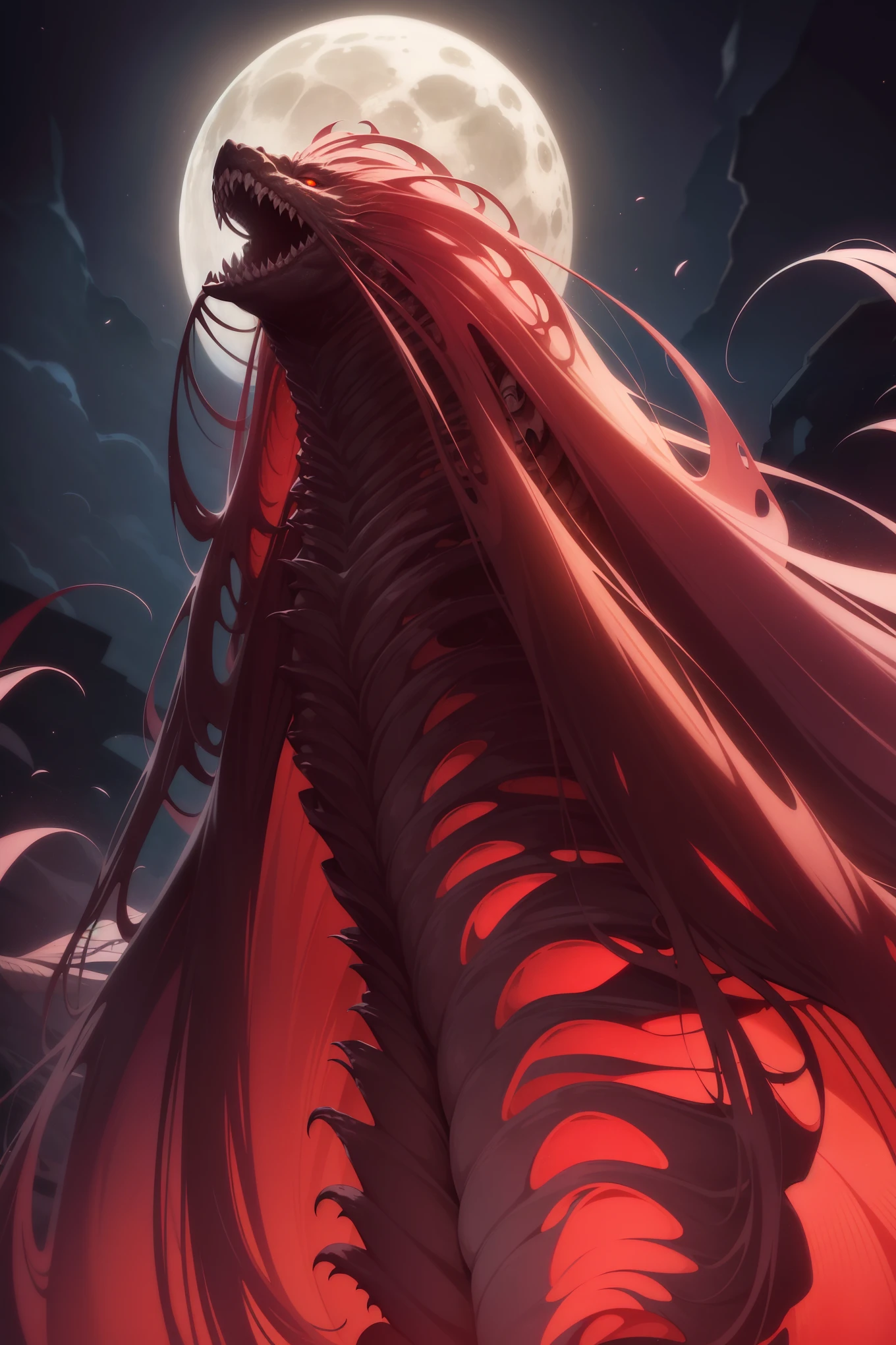 A colossal creature towering at approximately three metres, its frame possesses a humanoid form with a striking, yet grotesque appearance. The translucent, pale skin stretches over protruding bones and throbbing veins, adorned with dark spots and scars as a testament to its storied battles. Its disproportionately large head, reminiscent of a moon, houses a yawning maw that stretches to its ears, filled with jagged, irregularly grown teeth.
The deep black eyes, hollow like endless abysses, might emit an eerie red glow from time to time, adding to its sinister aura. Mats of hair,