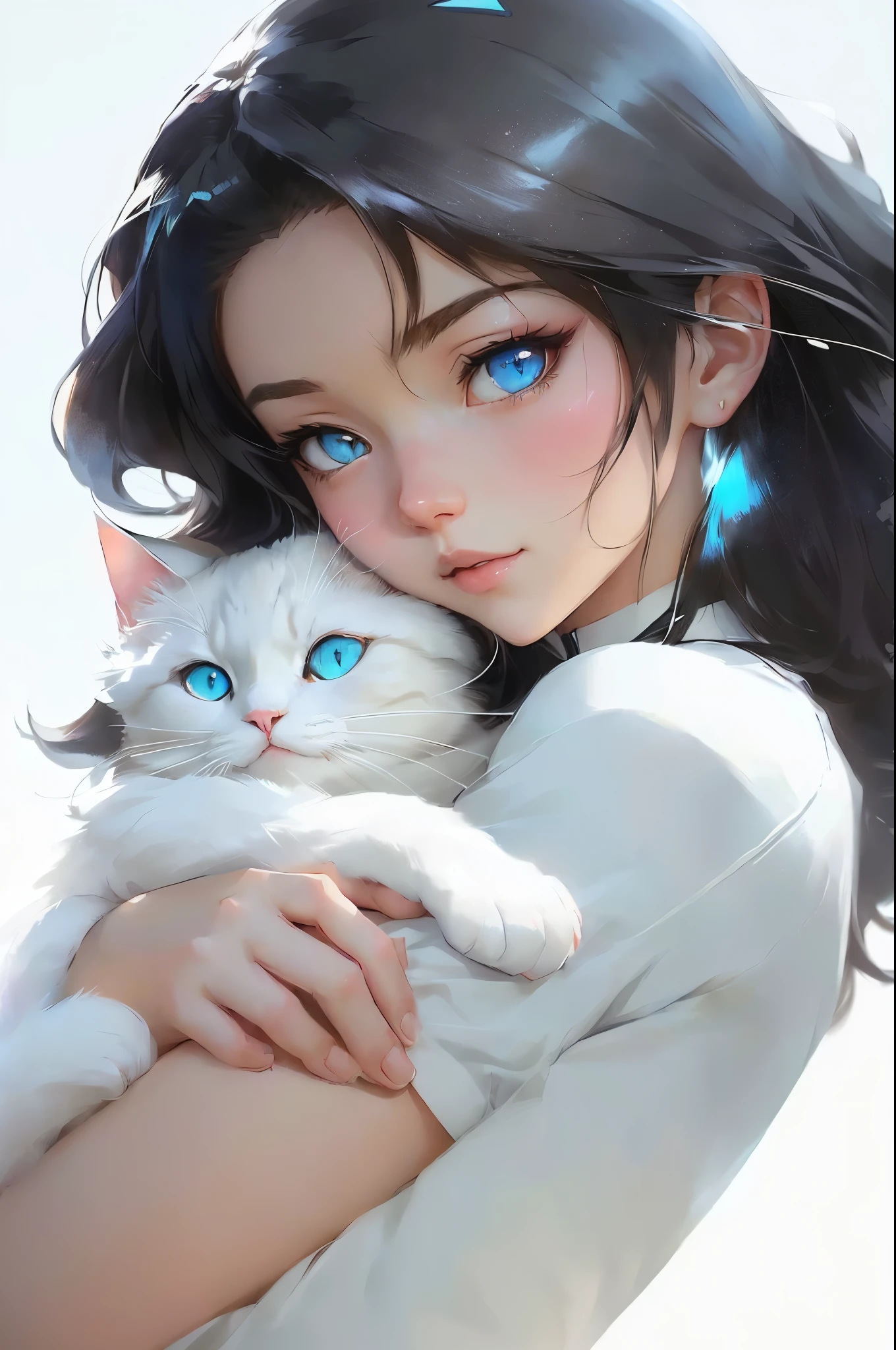 Anime girl with blue eyes holding a white cat in her arms, beautiful Anime catgirl, Very beautiful and cute cat girl, Artgerm and Atey Ghailan, White cat girl, Artwork in the style of Guweiz, very beautiful Anime cat girl, Beautiful anime portrait, Anime cat, Beautiful young catwoman, Artjem and Ilya Kuvshinov