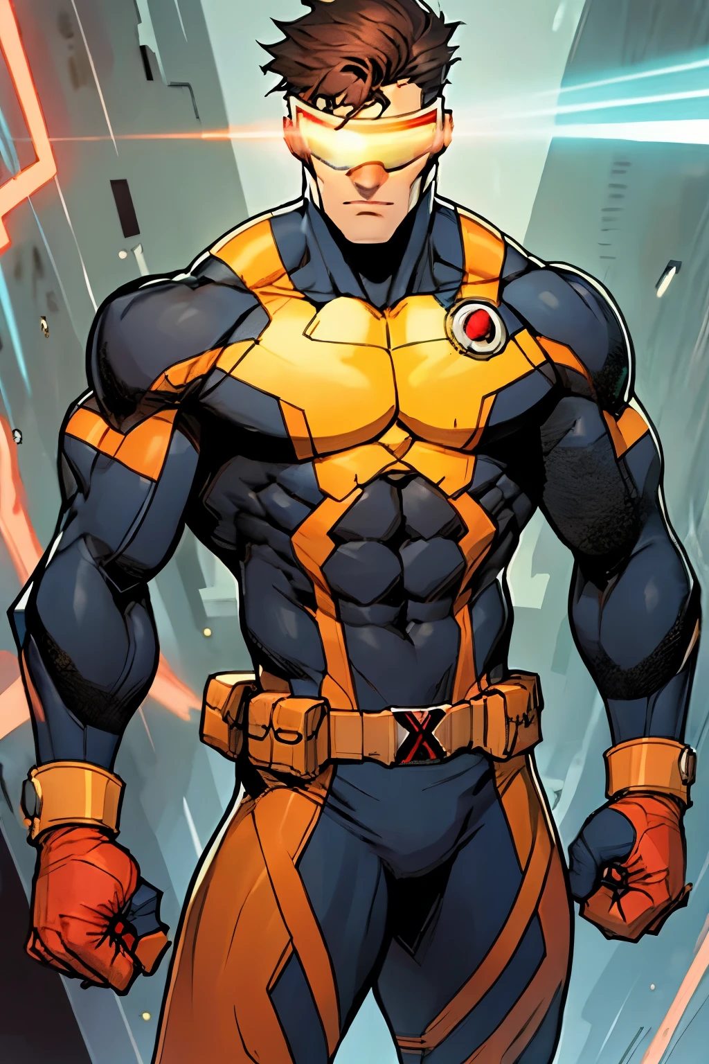 male, (black underwear:1), black bodysuit, Cyclops, x-men, touching his red visor, laser visor, (masterpierce:1.2), super heroes, standing, mansion, upper body shot