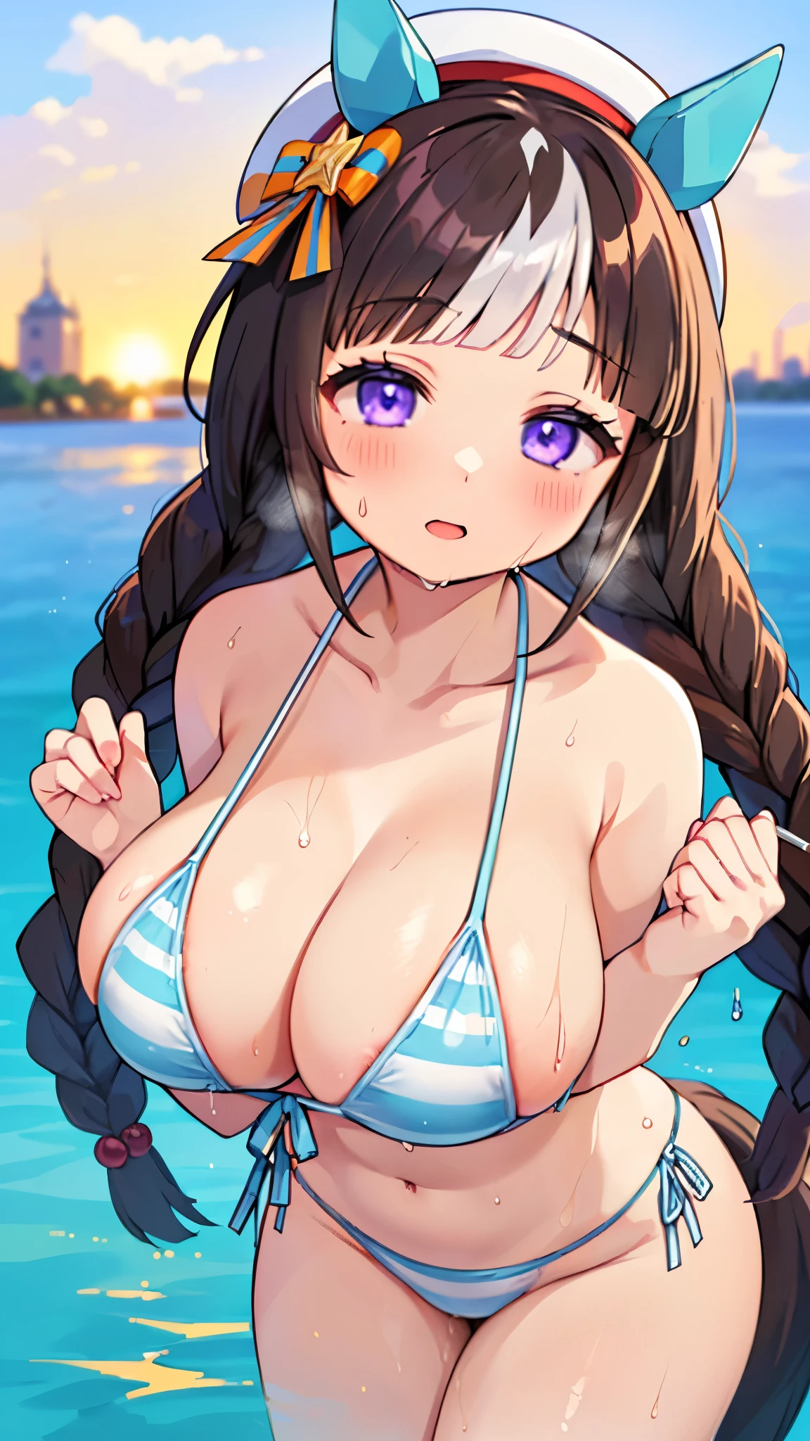 masterpiece, best quality, high quality, exquisite, umamusume, Hokko Tarumae, long hair, braids, braid, blunt bangs, brown hair, purple eyes, pale skin, shiny skin, glamorous, voluptuous, swimsuit, hat, (((light blue striped bikini,))) (((glistening skin,))) (((gleaming skin,))) (((gigantic breasts,))) ((curvy,)) (((wet,))) ((((oil,)))) (((((skindantation,))))) (((blush,))) half open mouth, (((((((vulgarity,))))))) ((blank eyes,)) ((((half closed eyes,)))) (((humid,))) (((((gigantic breasts,))))) (((undressing,))) (((leaning forward,))) ((((breast focus,)))) (((((nsfw,))))) (((bouncing breasts,)))