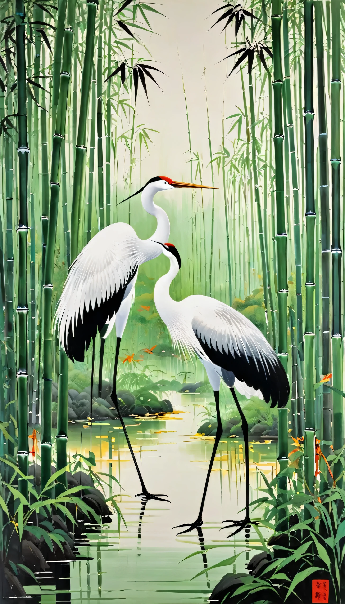 Wu Guanzhong painting, This painting depicts a crane dancing in a bamboo forest, Completely in line with Wu Guanzhong&#39;s style, Combining traditional Chinese ink painting techniques with Western concepts, Use color and line to create unique visual effects.