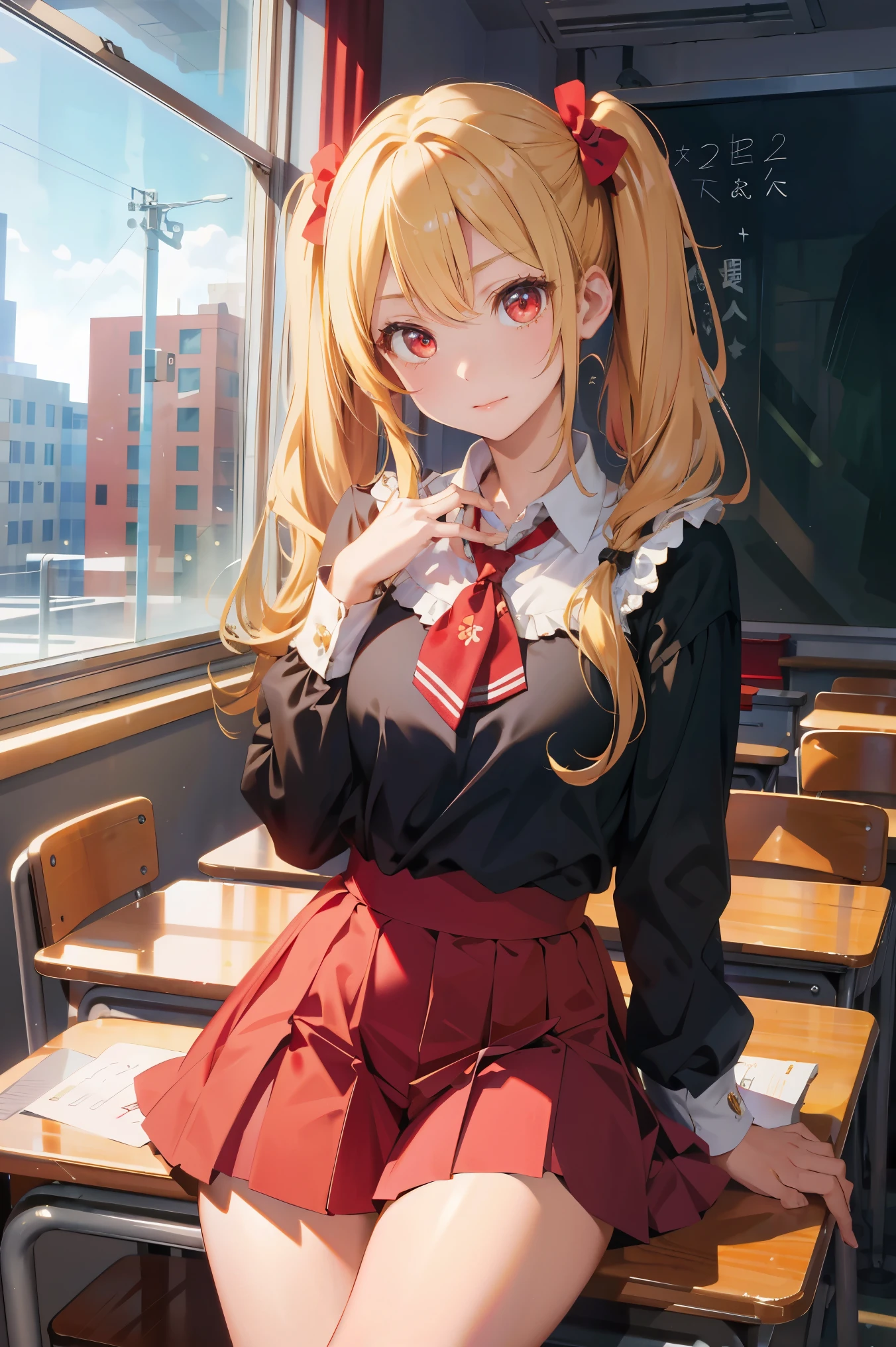 (masterpiece:1.2, best quality), 1lady, solo, , classroom, day, sit, blonde, twintails, red eyes, open collabone, gyaru, open chest