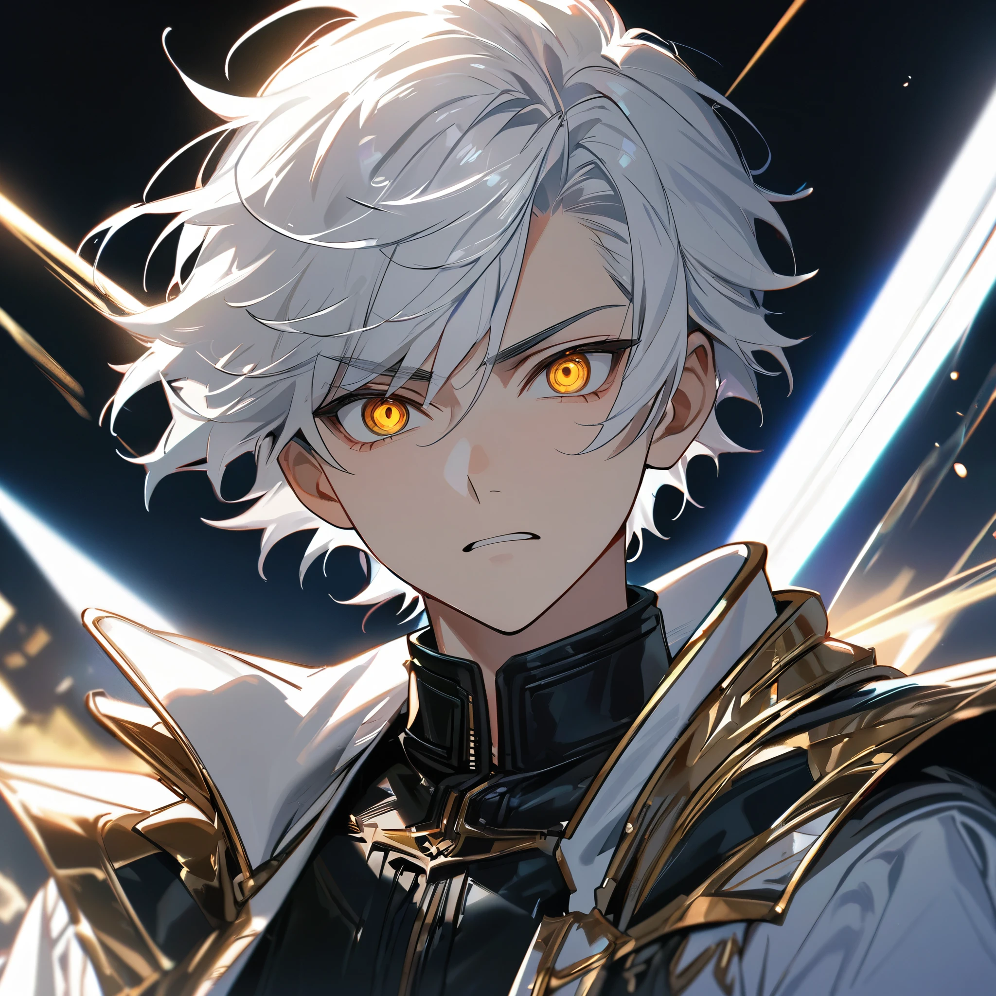 High quality, HD, 4k, handsome male, 1male, 17 years old, teenager, golden lining, short white hair, sharp eyes, gold eyes, devil may cry, close up, calm expression, stoic expression, black leather clothes, white leather clothing, upper body, looking at viewer, cowboy shot, white solar, shining background