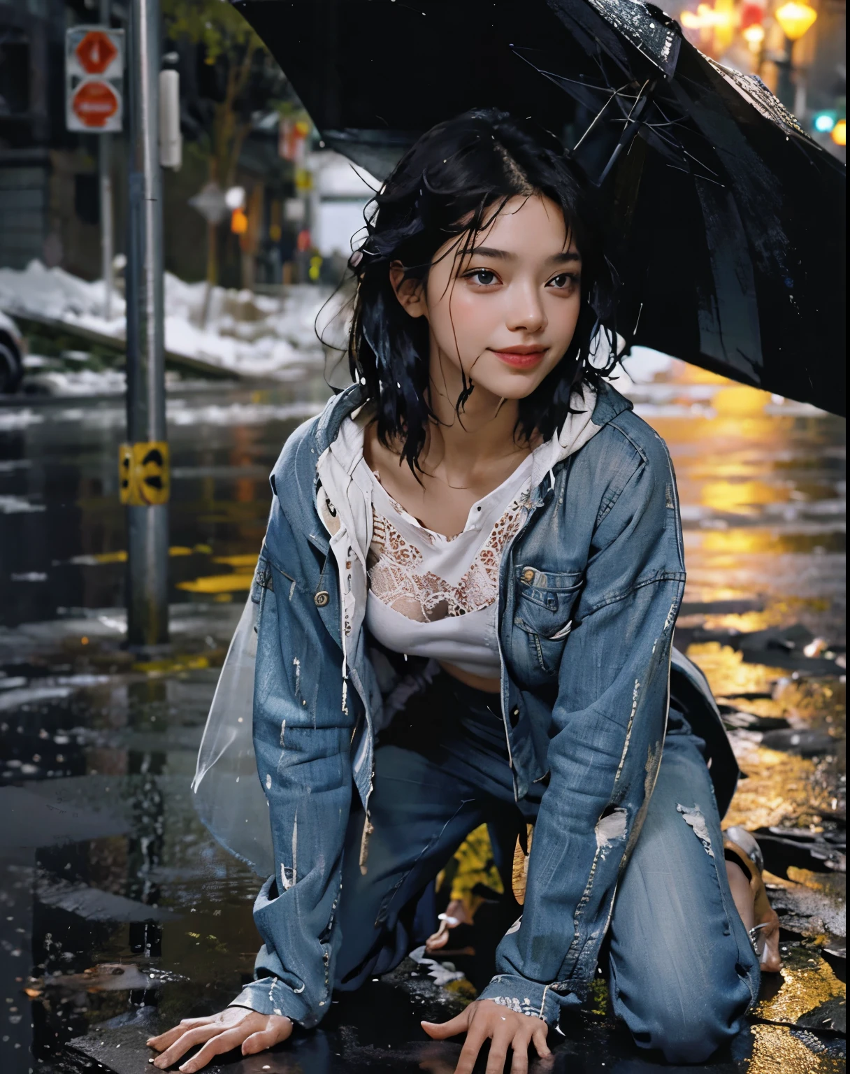Smiling girl standing in the middle of a crowded street in the pouring rain, wet from the rain, detailed face, beautiful eyes and lips, super detailed pupils, realistic skin, ((wet hair, wet Clothes)), thin clothes that stick to the skin, raindrops, city buildings, atmospheric lighting, cinematic, 8K, highly detailed, photorealistic, vibrant colors, Shibuya Crossing, full body depiction, heavy rain ,