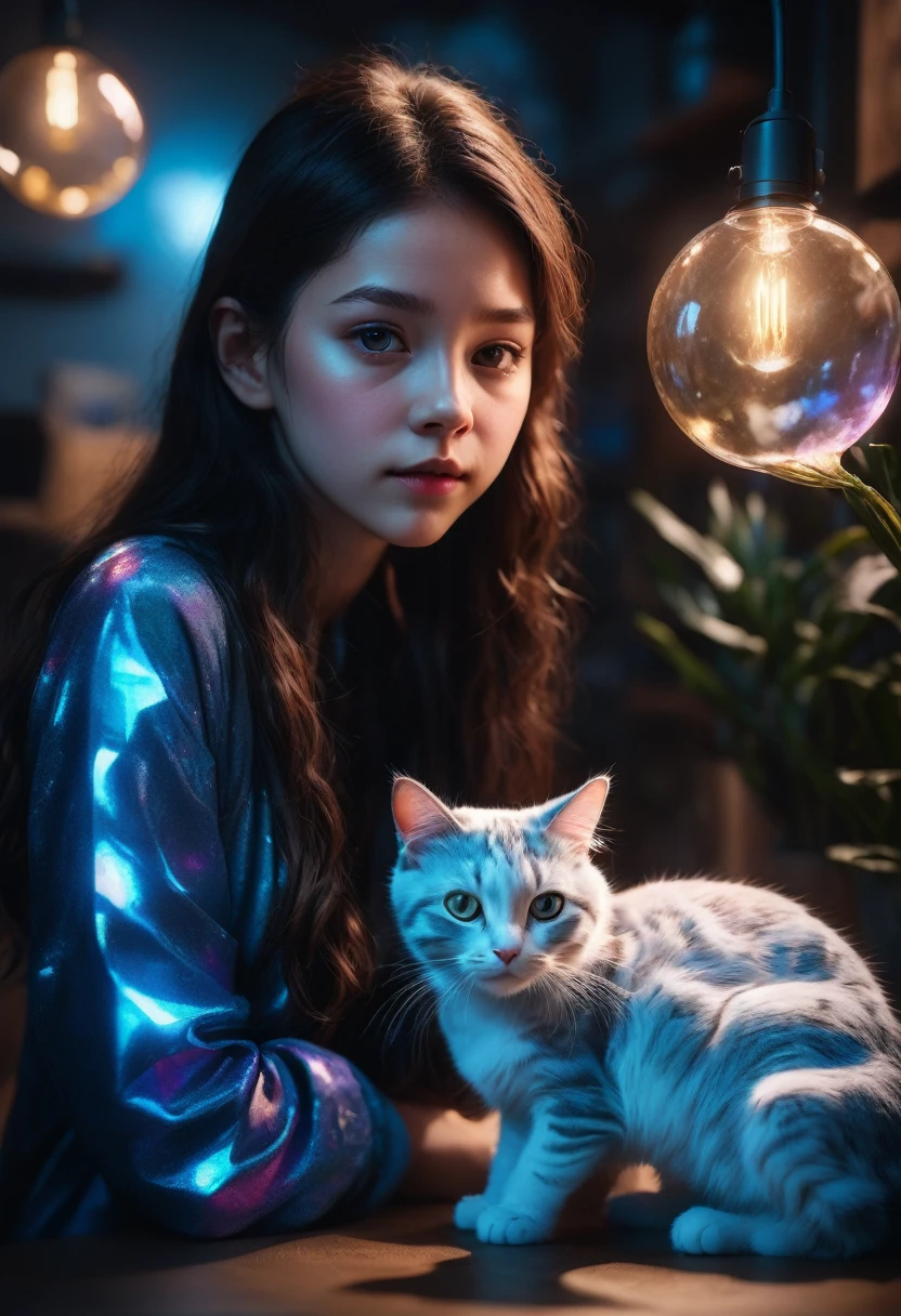 Girl with Cat, Hyperreal dof volumetric lighting, translucent cute girl playing with a (Translucent rough Blue Hologram  of a cat 1.3), podiform, dream-scape, in the style of Disney, pixar, Albert Joseph Penot, jj fu, + 36.5 mm f0 cinematic quality, 8K, trending on artstation, sharp focus, studio photo, intricate details, highly detailed, by greg rutkowski