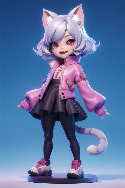 A girl with impressive silver hair、cat ears and tail、red eyes, silvee short bob hair, Hair Ornament、Black pantyhose、No sleeve、smile、cute shoes with accessories