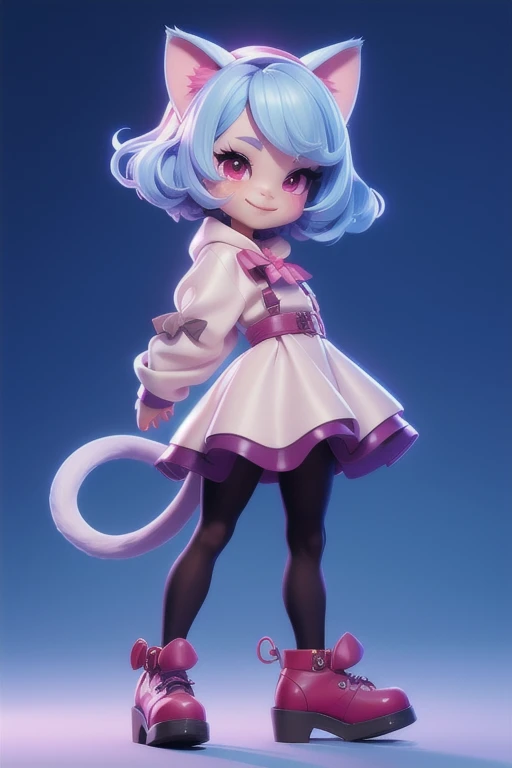 A girl with impressive silver hair、cat ears and tail、red eyes, silvee short bob hair, Hair Ornament、Black pantyhose、No sleeve、smile、cute shoes with accessories