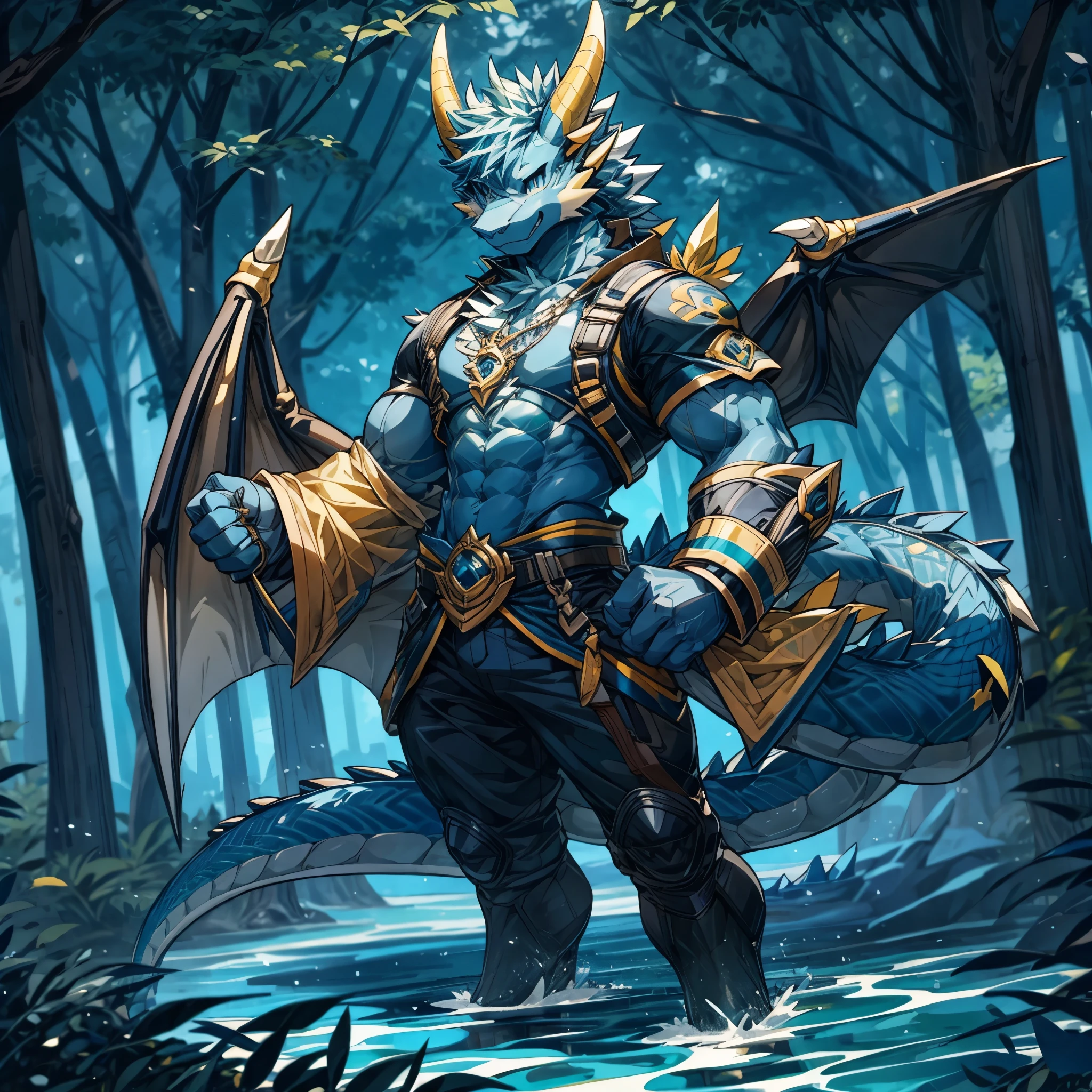 masterpiece,High quality,furry,male,(dragon),(yellow&Navy blue fur),blue eye,(Whole body),forest,perfect background,