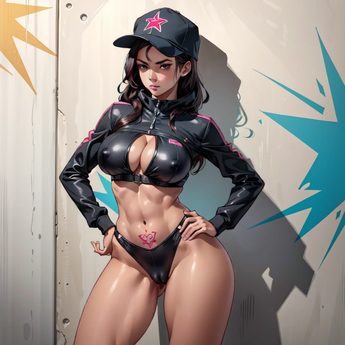 estilo anime, mujer grafitera, grafiti en la pared, desnuda contra la pared, gorra de lado, colores vivos, buena figura, buenas curvas, tatuajes maxima calidad, ultra detallado, 8K, cuerpo entero, cameltoe, ultra detailed 8k image, sharp image.