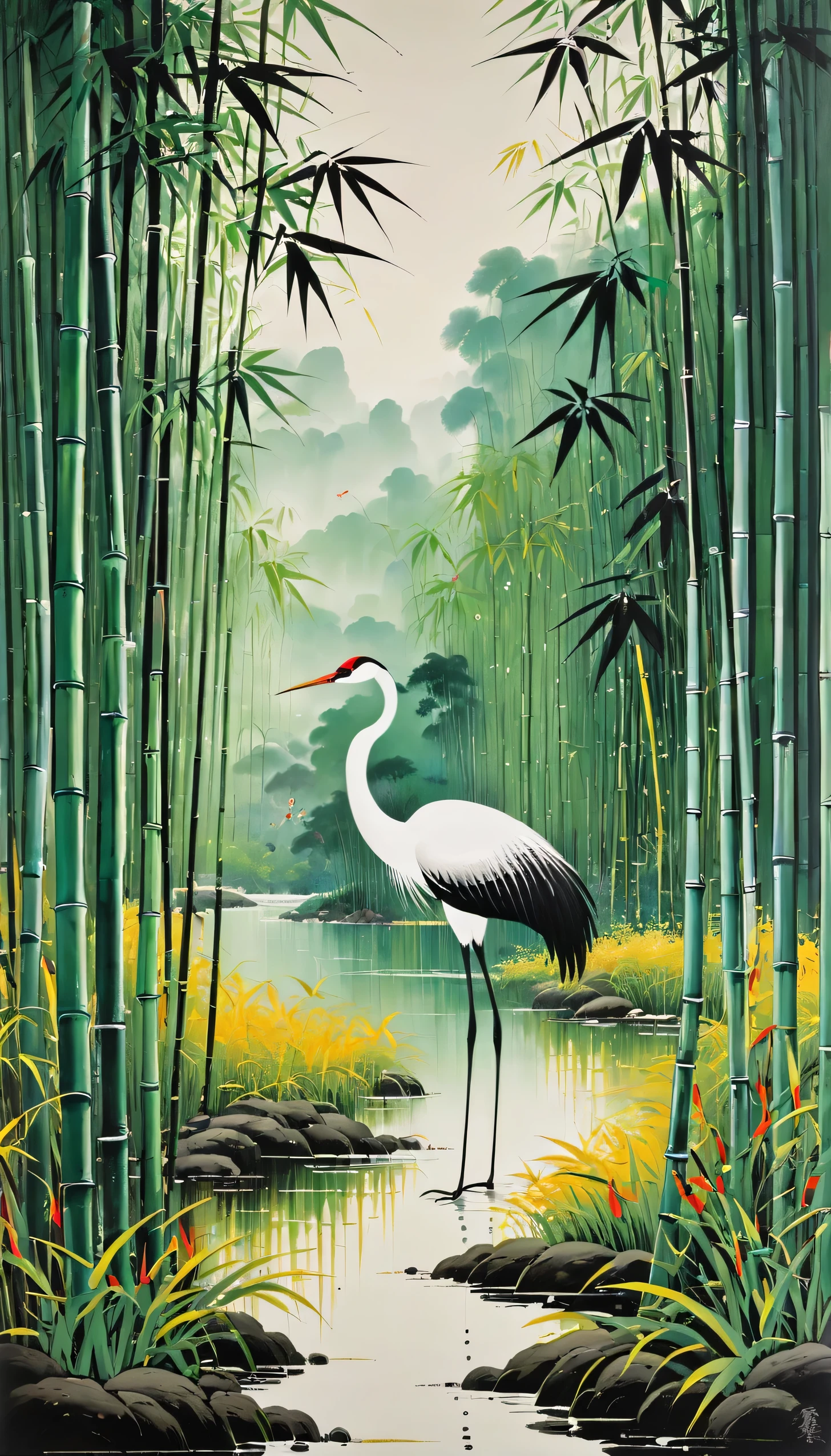 Wu Guanzhong painting, This painting depicts a crane dancing in a bamboo forest, Completely in line with Wu Guanzhong's style, Combining traditional Chinese ink painting techniques with Western concepts, Use color and line to create unique visual effects.