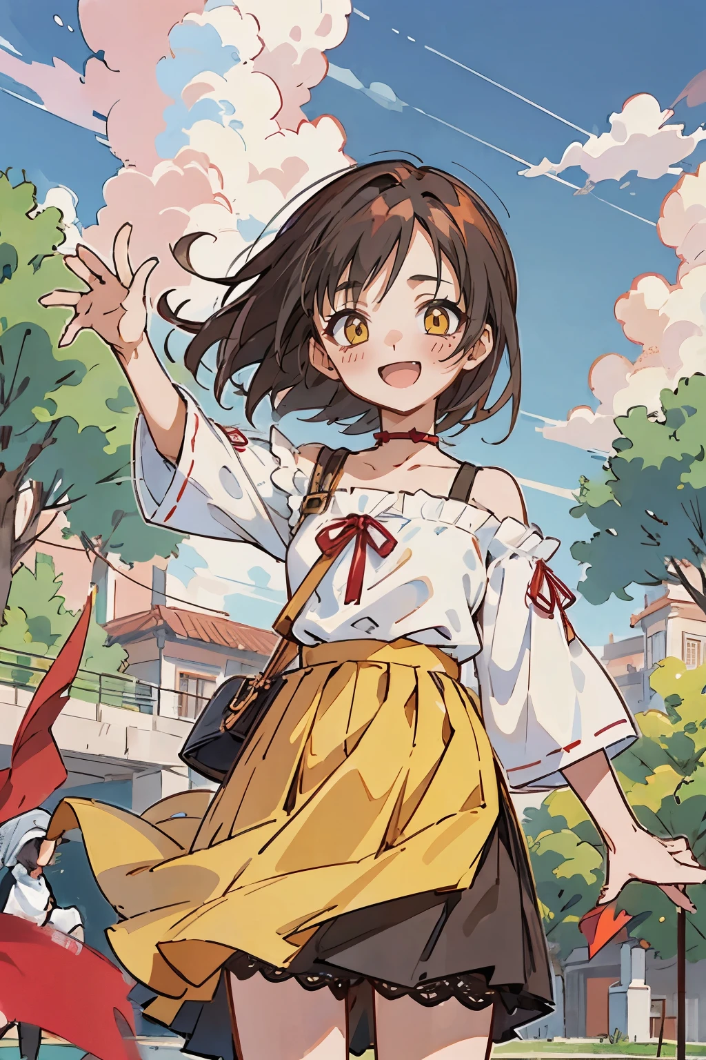 Hui Xiyi, Rekkyo Sensen, 1 girl, reddish Black hair, Yellow eyes, showa town, Ruins, Bang, Beautiful sky, shining sky, Sunshine, Smiling, Waving, Belts, ribbon choker, Dresses that blow the wind, black Lace dress, wool sweaters, Off-shoulder sleeves