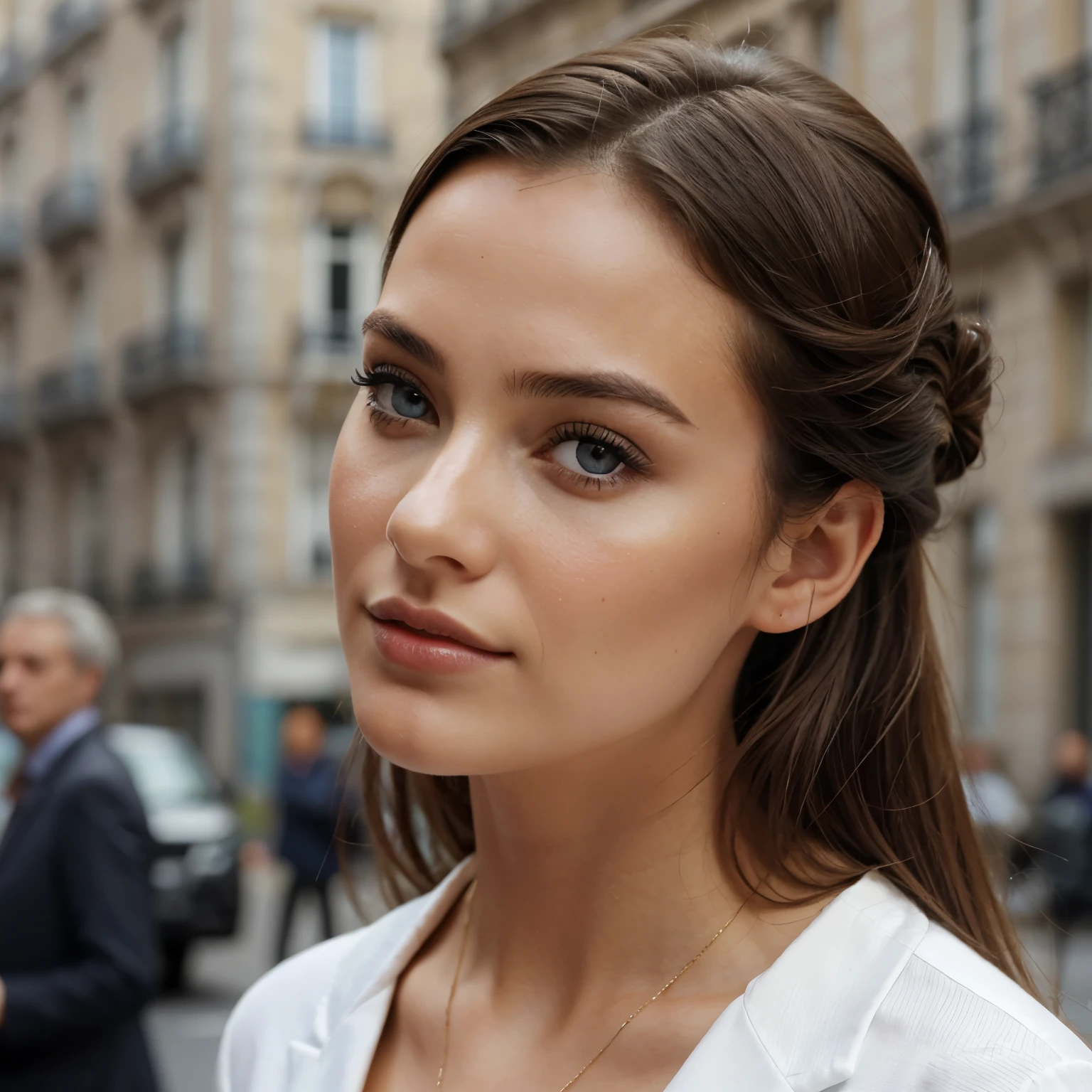 a woman in close-up, elle a 22 ans. elle a de beau cheveux chataing, un visage magnifique, un grain naturel hyper realiste, realiste 8k. she has beautiful luscious lips, de magnifique yeux bleu avec des long cils. elle a une belle bouche et un petit grain de beauté charmant sous l'oeil droit. the woman must be hyper realistic, c'est une femme de la ville, aux gouts du jour. 