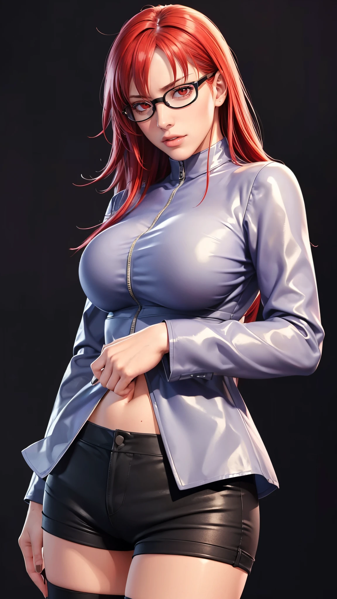 （（（完美figure，figure，solo， White and tender skin，（（（Cyberpunk，purple jacket,long shirt，navel，black shorts，black thighhighs，zipper ））），（（（karinuzumaki，red hair，long hair，glasses，red eyes，））），((masterpiece)),high resolution, ((Best quality at best))，masterpiece，quality，Best quality，（（（ Exquisite facial features，Looking at the audience,There is light in the eyes，(（（lol，Happy，blush））），））），（（（Light and shadow，Huge breasts））），（（（Looking at the camera，black background，)）））