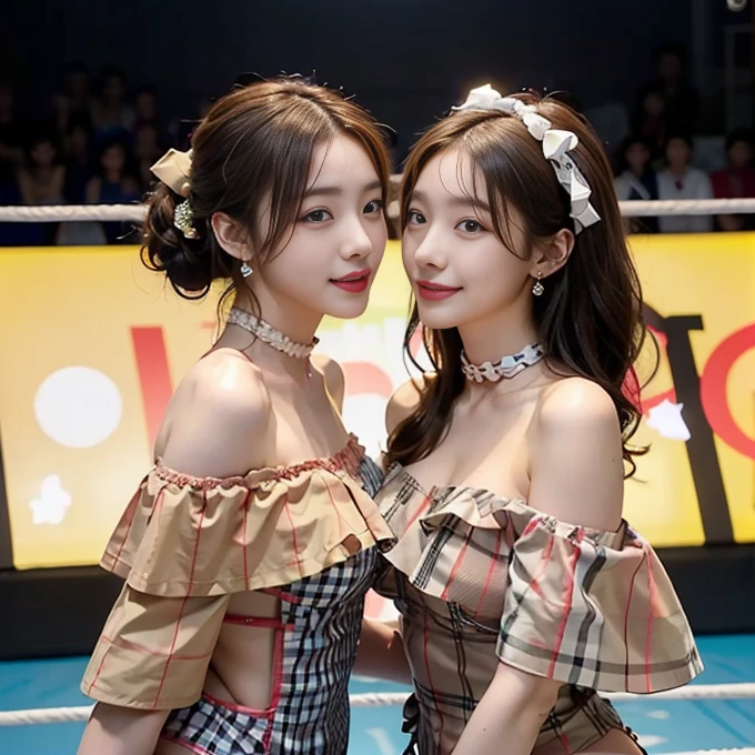 ((masterpiece: 1.4, best quality))+,(ultra detail)+, official art, unity 8k wallpaper, ultra detail, beautiful, high quality, Highlight your cute face, masterpiece, best quality, semi straight medium length hair, (((Always in the pro wrestling ring))), (Burberry checkered off-shoulder frill decorated one-piece swimsuit:1.5)), (((bust:1.5))), High exposure, skinny body,masterpiece, high quality, 8 thousand, beautiful spotlight, no. no. No. 1 girl group idol in Korea, ((vivid:1.5)), ((brown eyes, yellow hair:1.3)), (Small and round breasts:1.4), ((colorful earrings, white neck choker)), 18 years old, small face, looking at viewer, (hairpin with larger ribbon:1.4),(skinny abs:1.3), (They look at each other and look very happy :1.5), ((Both cheeks turn red)), Accurately distinguishes between the bodies and limbs of two people..:1.5