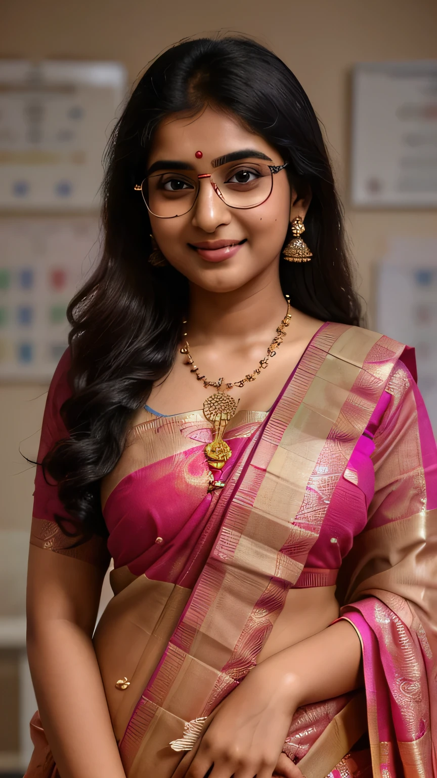 (Masterpiece: 1.1), (best quality: 1.2), ultra-detailed, 1 girl, 18 years old, Indian, Bihari, cute, fat, female doctor, wearing a doctor outfit on a saree, in a hospital setting, (detailed hospital backdrop: 1.3), (saree with doctor's coat: 1.4), (stethoscope around neck: 1.2), (glasses on nose: 1.15), (smile on face: 1.1), (open mouth slightly: 1.1), (detailed saree design: 1.4), (trad