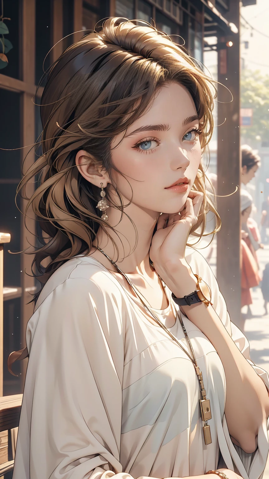 Asian, beautiful, thin, cute, 30th Generation, beautiful Face, beautiful Skin, actress, mature, Upper Body, Light brown hair, thin髪, Live Action, masterpiece, highest quality, Highly detailed CG Unity 8K wallpaper, Ultra-high resolution, Casual Fashion, Lighting, Summer Fashion, (Natural brown hair: 0.8), (Puffy eyes), Watch the audience, turn around, Bleached Hair, Model pose, White Background, Delicate skin types, Light curly hair, Put your hands around your mouth, White T-shirt, Hair model photo
