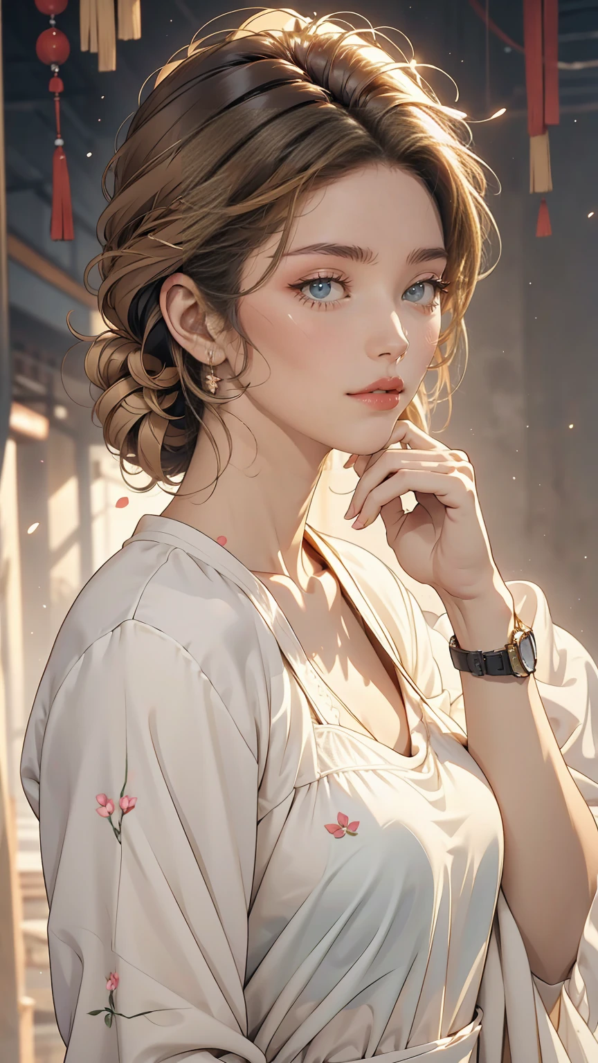 Asian, beautiful, thin, cute, 30th Generation, beautiful Face, beautiful Skin, actress, mature, Upper Body, Light brown hair, thin髪, Live Action, masterpiece, highest quality, Highly detailed CG Unity 8K wallpaper, Ultra-high resolution, Casual Fashion, Lighting, Summer Fashion, (Natural brown hair: 0.8), (Puffy eyes), Watch the audience, turn around, Bleached Hair, Model pose, White Background, Delicate skin types, Light curly hair, Put your hands around your mouth, White T-shirt, Hair model photo