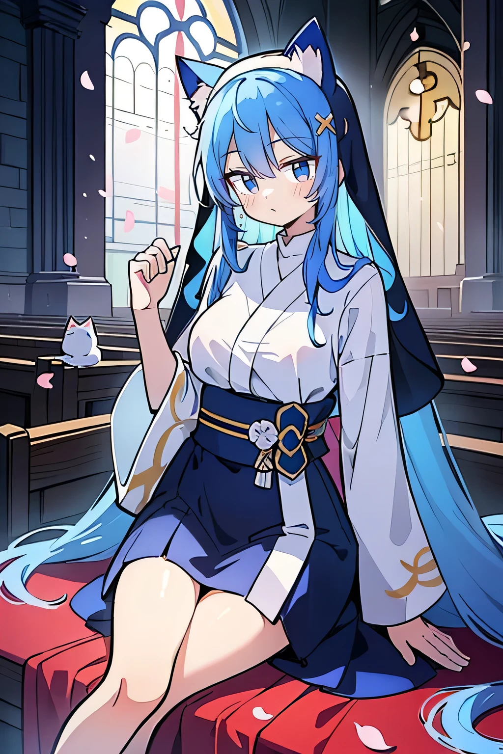 (masterpiece:1.2),Extremely detailed,Practical,expressive eyes,Fair skin,Perfect face shaping,1 Girl,
Japanese cartoons,Gorgeous blue hair, the long flowing blue hair,Floating clothes,Cat ears,Petals fall,beautiful lola,Young Angel,
Place your hands on your waist,sit elegantly on the ground,Cross your legs,Gentle and peaceful background,church,Nun&#39;s Clothes,back view,lie on the water. 