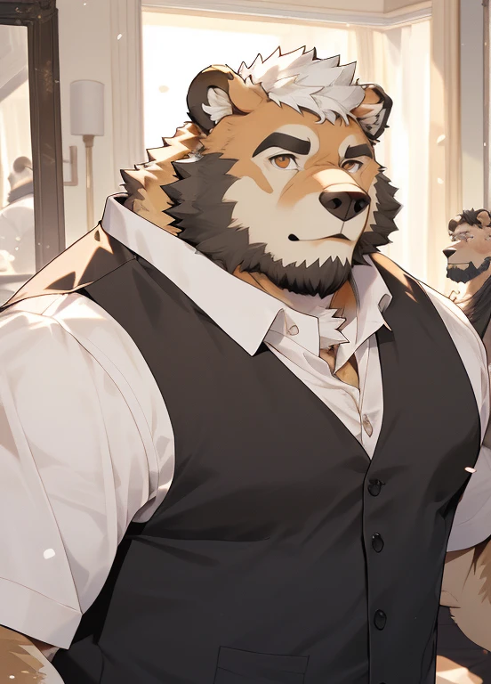 hairy,(Bear,White short sleeve),beard,Golden fur,White short hair,male,Brown eyes,Common,Face to Face,full-body shot,in front of the mirror,Detailed background,极其lifelike阴影,masterpiece,Very detailed,lifelike