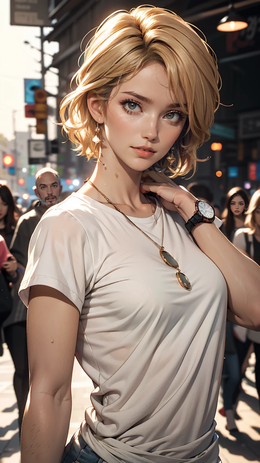 Asian, beautiful, thin, cute, 30th Generation, beautiful Face, beautiful Skin, actress, mature, Upper Body, Light brown hair, thin髪, Live Action, masterpiece, highest quality, Highly detailed CG Unity 8K wallpaper, Ultra-high resolution, Casual Fashion, Lighting, Summer Fashion, (Natural brown hair: 0.8), (Puffy eyes), Watch the audience, turn around, Bleached Hair, Model pose, White Background, Delicate skin types, Light curly hair, Put your hands around your mouth, White T-shirt, Hair model photo