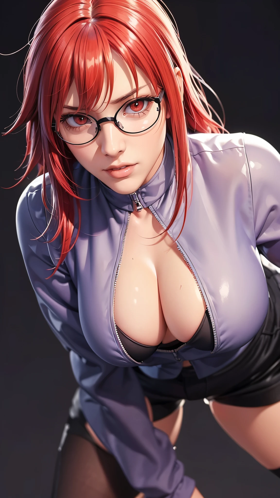 （（（完美figure，figure，solo， White and tender skin，（（（Cyberpunk，purple jacket,long shirt，navel，black shorts，black thighhighs，zipper ））），（（（karinuzumaki，red hair，long hair，glasses，red eyes，））），((masterpiece)),high resolution, ((Best quality at best))，masterpiece，quality，Best quality，（（（ Exquisite facial features，Looking at the audience,There is light in the eyes，(（（lol，Happy，blush））），））），（（（Light and shadow，Huge breasts））），（（（Looking at the camera，black background，)）））