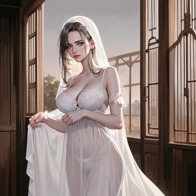 a photo of Eva Green, wearing a white (nightgown), ((lingerie)) in a farm, closeup shot, full body, (high detailed skin:1.2),extremely detailed, Playboy centerfold, Playmate, 8k, trending on ArtStation, Intricate, High Detail, Sharp focus, modelshot