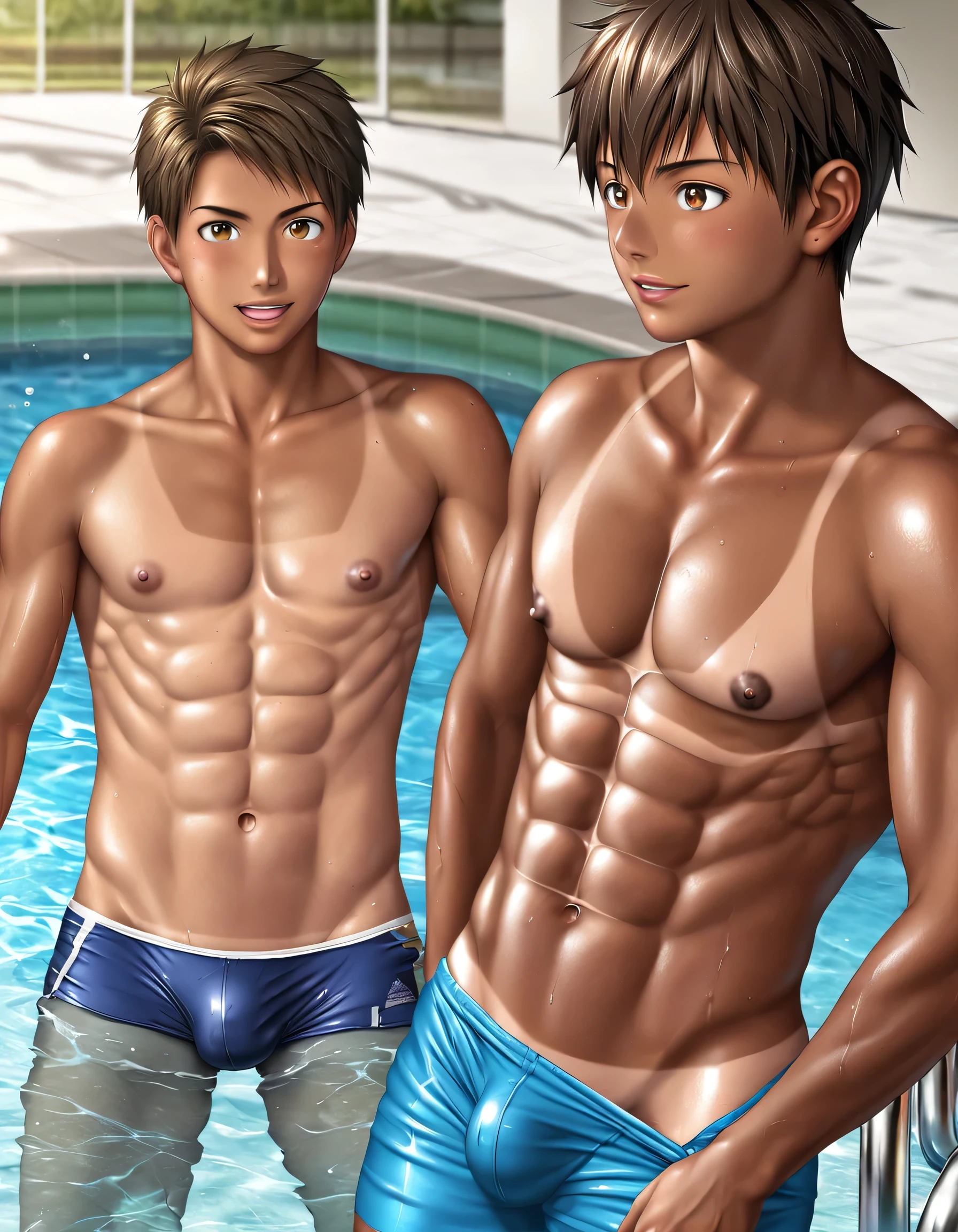 high quality, detailed, 22 years old bulky japanese boy, detailed brown eyes, (abs:1.5), (tanned dark brown shiny skin:1.5), (detailed areola:1.4), black short hair, (black tiny thong), (puffy bulge), pool