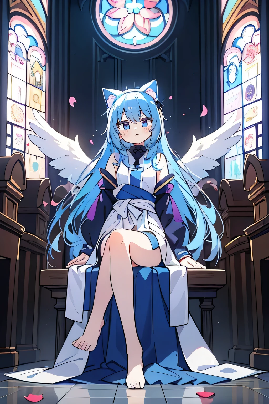 (masterpiece:1.2),Extremely detailed,Practical,expressive eyes,Fair skin,Perfect face shaping,1 Girl,
Japanese cartoons,Gorgeous blue hair, the long flowing blue hair,Floating clothes,Cat ears,Petals fall,beautiful lola,Young Angel,
Place your hands on your waist,sit elegantly on the ground,Cross your legs,Gentle and peaceful background,church,Nun's Clothes,back view,lie on the water.
