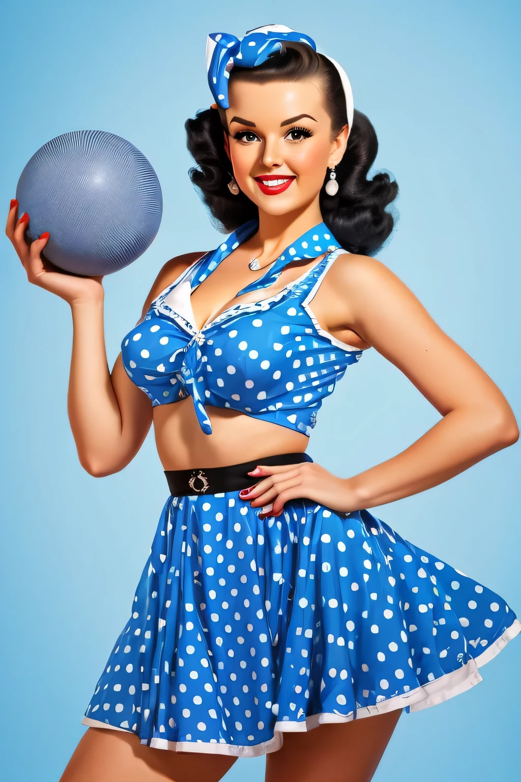 looking at camera professional photo of standing ukranian sexy smiling girl in pin-up style, holding big ball, RETRO VICTORY ROLLS with bandana, short pin-up blue dress with big white dots