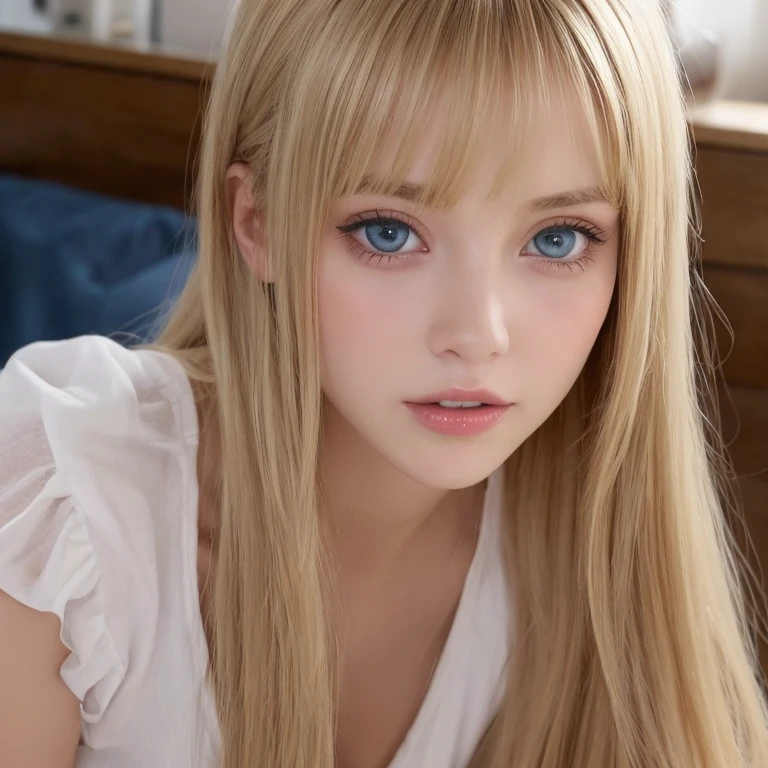 A woman with super long light blonde hair and big light blue eyes is taking a photo, gorgeous young model, beautiful blonde、bangs between eyes、female model, cute young woman, very beautiful young woman with very big eyes, beautiful model portrait, beautiful young girl, Beautiful young woman, beautiful woman pictures, perfect face, 22 year old beautiful model, Beautiful young face, Beautiful blonde girl, making a sex tape with sexy expression