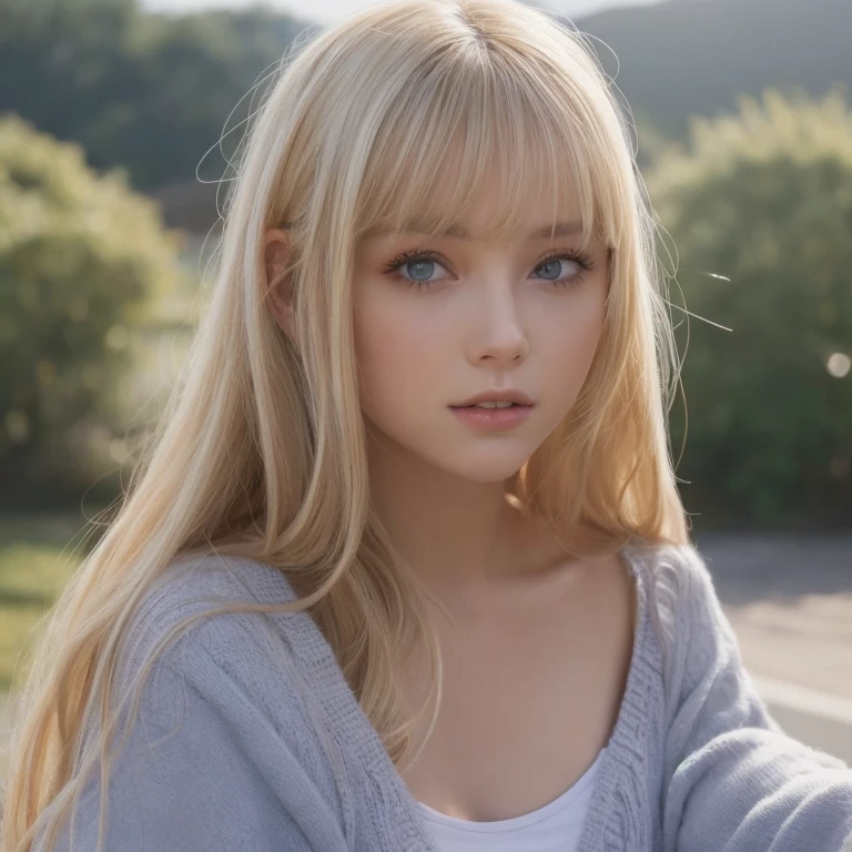 A woman with super long light blonde hair and big light blue eyes is taking a photo, gorgeous young model, beautiful blonde、bangs between eyes、female model, cute young woman, very beautiful young woman with very big eyes, beautiful model portrait, beautiful young girl, Beautiful young woman, beautiful woman pictures, perfect face, 22 year old beautiful model, Beautiful young face, Beautiful blonde girl, making a sex tape with sexy expression