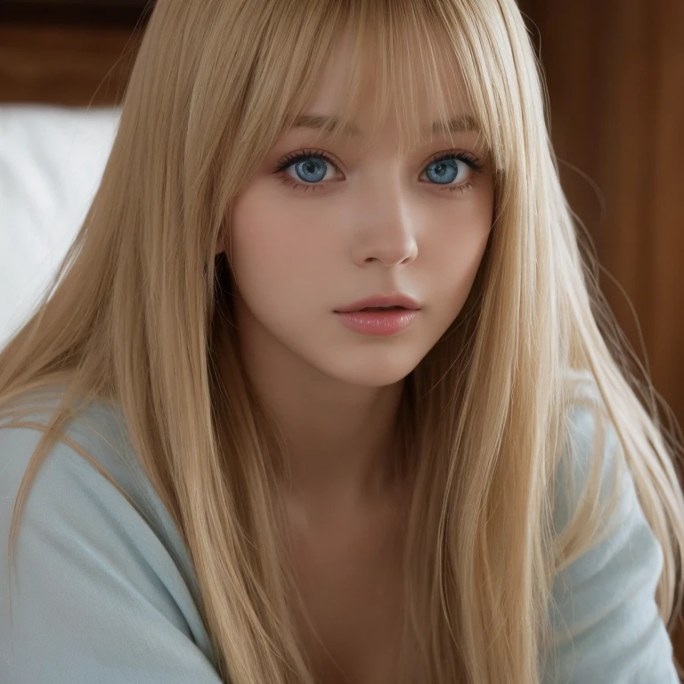 A woman with super long light blonde hair and big light blue eyes is taking a photo, gorgeous young model, beautiful blonde、bangs between eyes、female model, cute young woman, very beautiful young woman with very big eyes, beautiful model portrait, beautiful young girl, Beautiful young woman, beautiful woman pictures, perfect face, 22 year old beautiful model, Beautiful young face, Beautiful blonde girl, making a sex tape with sexy expression