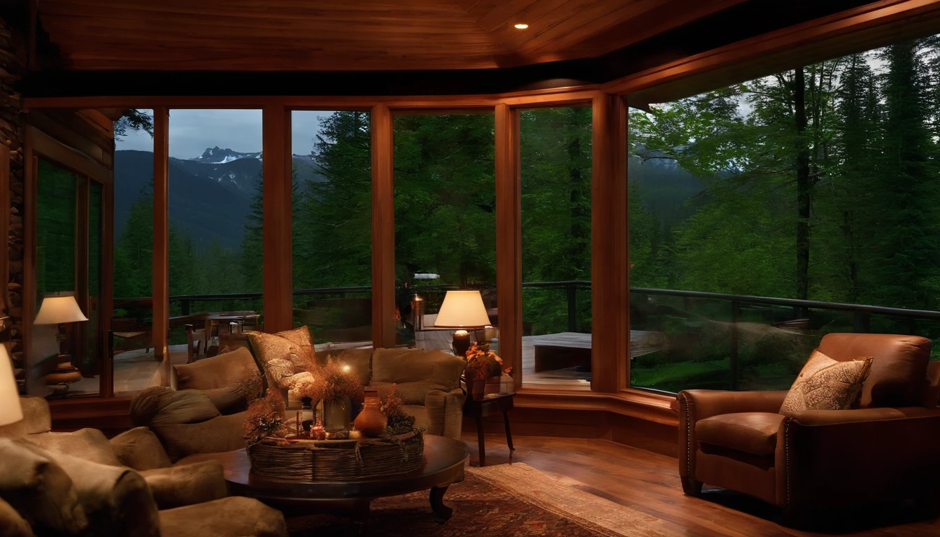 Log house living room, interior,fireplace,外のRainynight, (night Rainy e nebulosa: 1.2), Pacific Northwest, (Strong lighting: 1.4), (Dim lighting: 1.2), Vegetation, Rainy, Lots of Vegetation, ( Blurred Window:1.2), masterpiece, Better Quality, Twilight Hour, (night:1.4), tarde Rainy, after sunset,Chic design of the black house, Green garden around the house, Black front road, Whole glass, sunshine, In the mountains