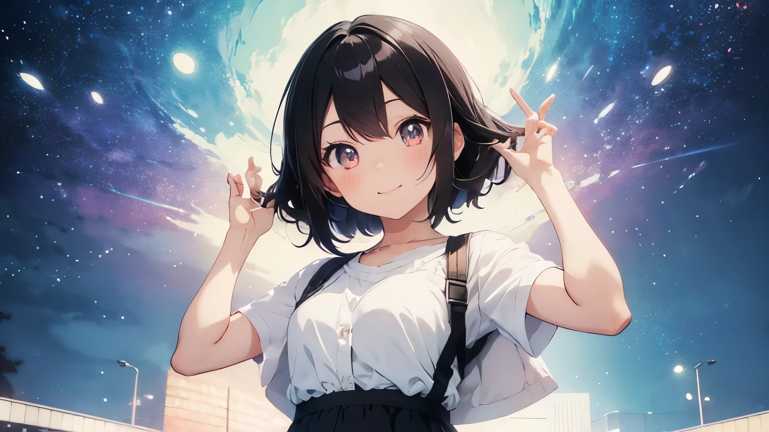 Create a cute anime-style girl with black hair. She should have big, expressive eyes and a cheerful smile. Her outfit should be a simple, casual dress in pastel colors. She is standing in a playful pose, with one hand waving. The background should be a simple, light-colored gradient