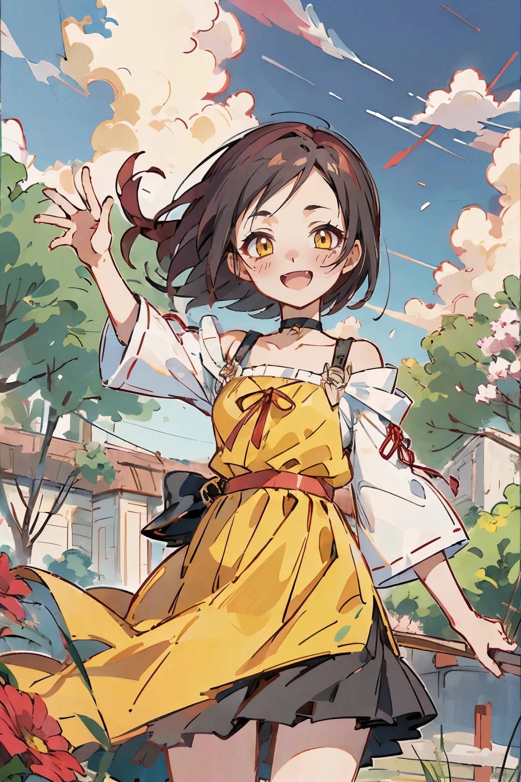 Hui Xiyi, Rekkyo Sensen, 1 girl, reddish Black hair, Yellow eyes, showa town, Ruins, Bang, Beautiful sky, shining sky, Sunshine, Smiling, Waving, Belts, ribbon choker, Dresses that blow the wind, black Lace dress, wool sweaters, Off-shoulder sleeves