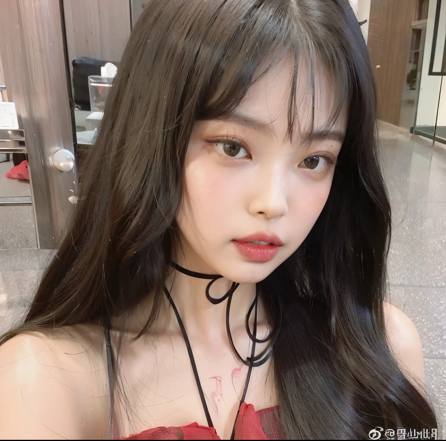 Close-up of a woman wearing a red dress with long hair, Best Face, Larisa Manoval, Shentong Chen, She has black hair with bangs., woo sision, Yanjun Chengt, Popular Korean Makeup, Black Hime Hair Cut, Cute and lovely Korean face, Chassis, 🤤 portrait , Larissa Manoban of Blackpink