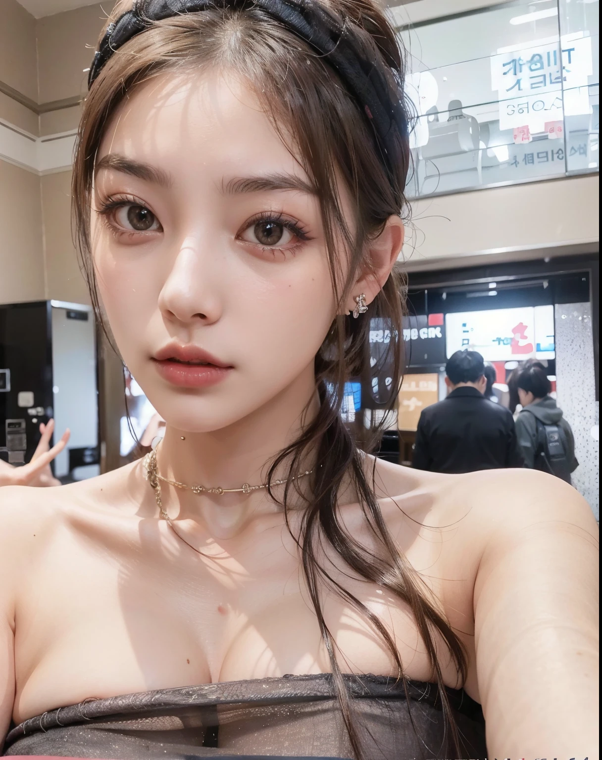 There is a woman wearing red lipstick and a gray dress, Dilabba Dilmurat, Best Face, Korean woman, beautiful aesthetic face, Beautiful Korean Woman, a woman with a pretty face, Beautiful young Korean woman, popular makeup in korea, Beautiful face of Japanese woman, Korean facial features, popular korean makeup, Beautiful young Korean woman, huge breasts, big bust, huge breasts, big bust, long blonde hair